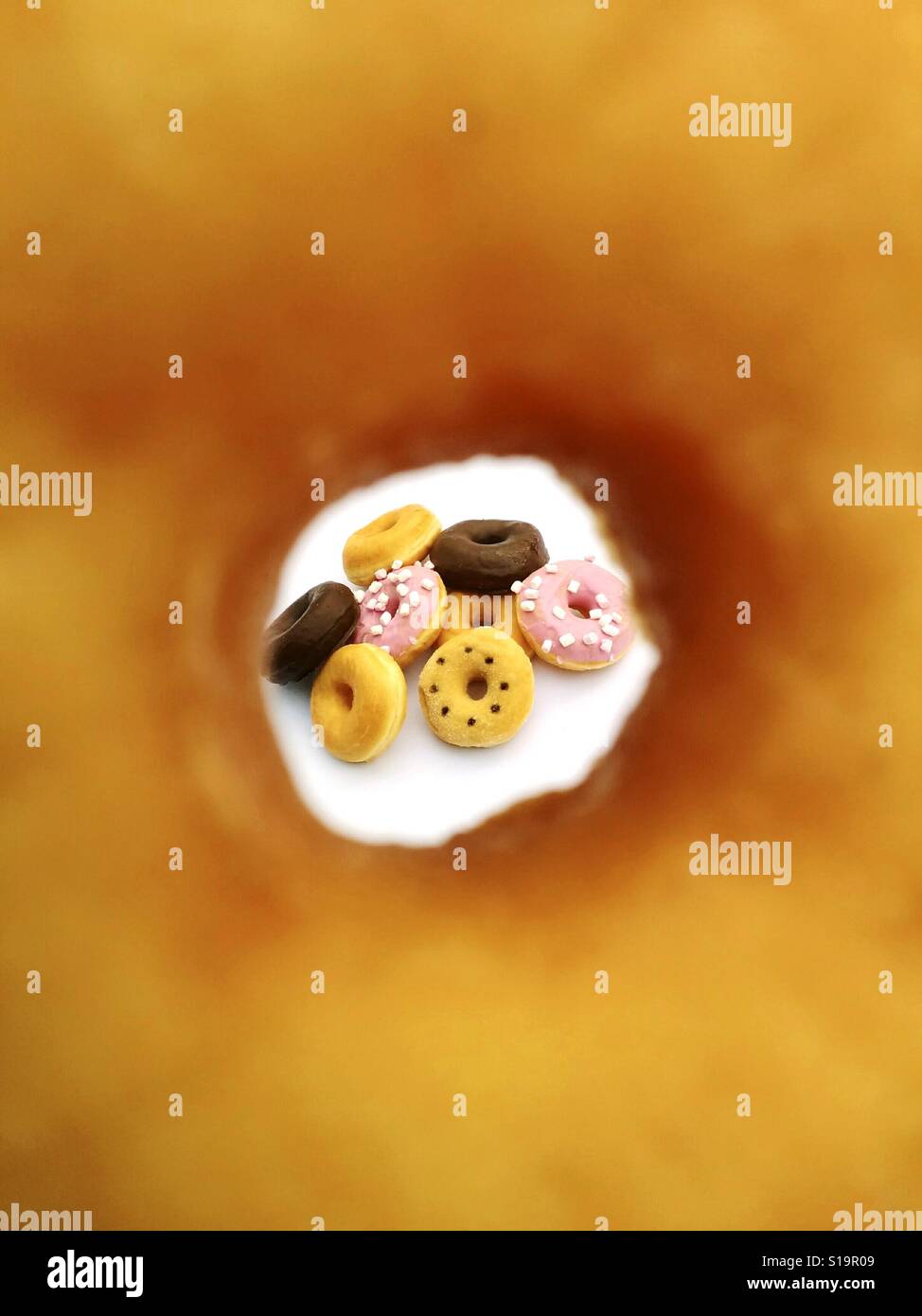Les beignes varié vue à travers un trou de beigne. Banque D'Images