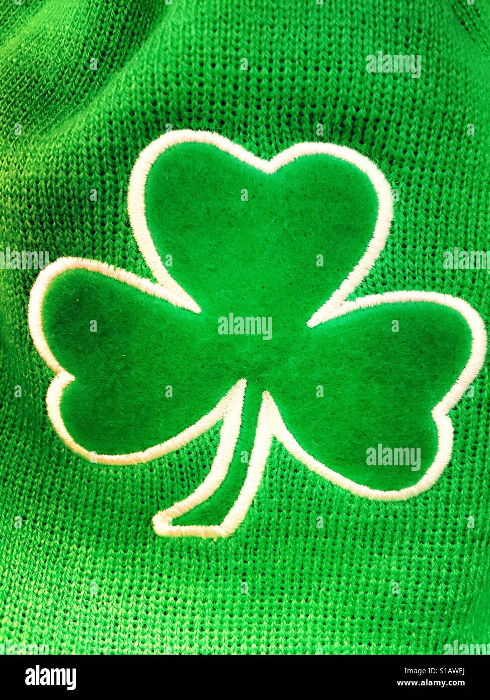 Shamrock vert cousu sur le jour de la Saint Patrick marchandise, USA Banque D'Images