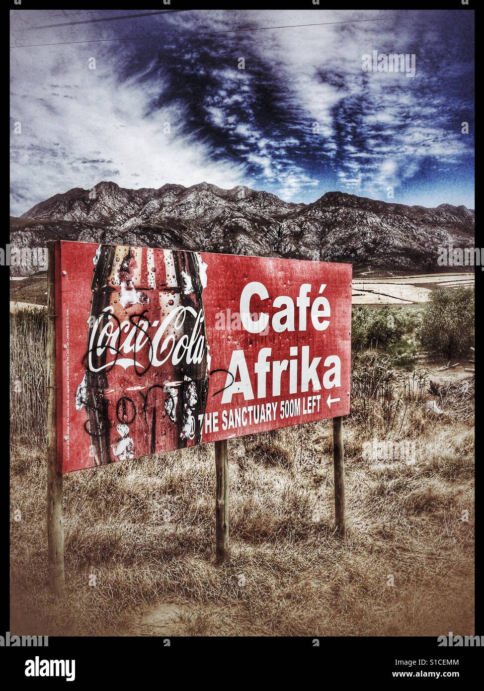 Cafe signe dans le Boland, dans l'ouest de la Province du Cap en Afrique du Sud. - Image de stock capturée avec un smartphone