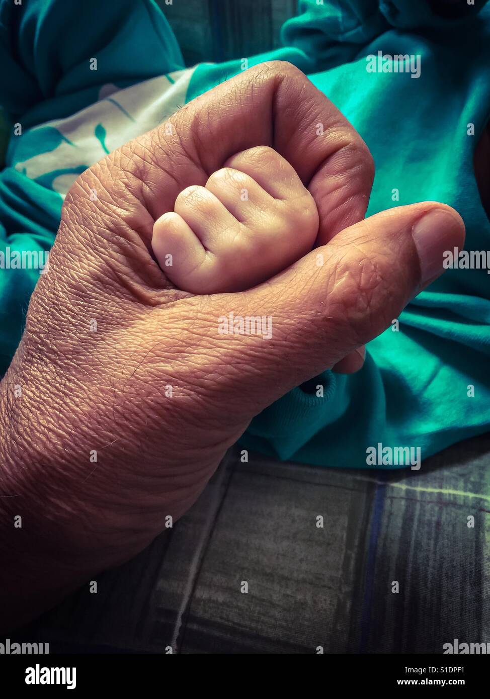 L'avenir dans ma main. Un homme âgé tient le poing d'un bébé, son petit-enfant, Canada. Concepts : lien, présent et futur, aujourd'hui demain. Sécurité. Attention. Mise à l'abri. Poing de la main. Continuité - Image de stock capturée avec un smartphone