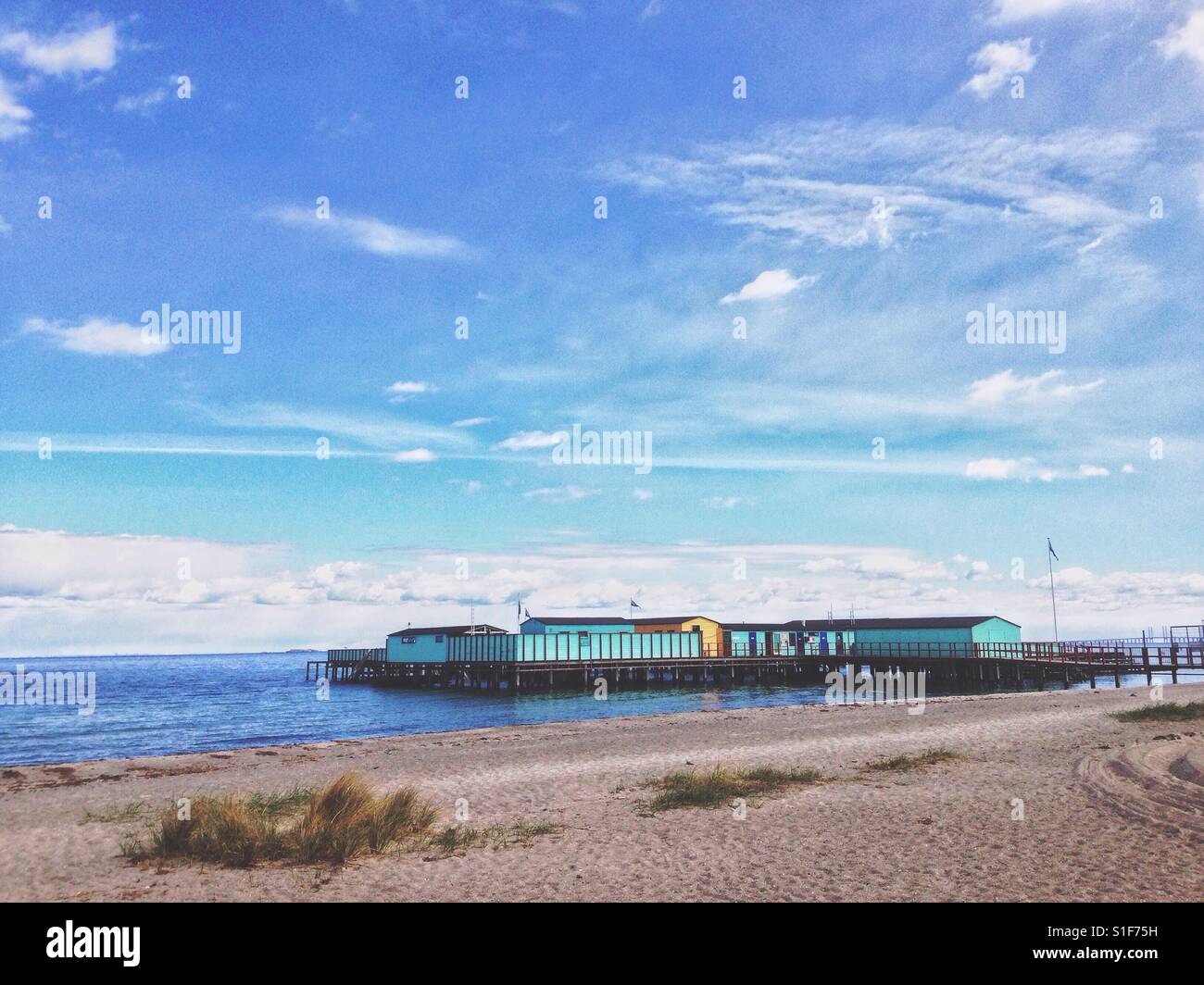 Des bains en bois à la plage d'Amager de Copenhague, Danemark Banque D'Images