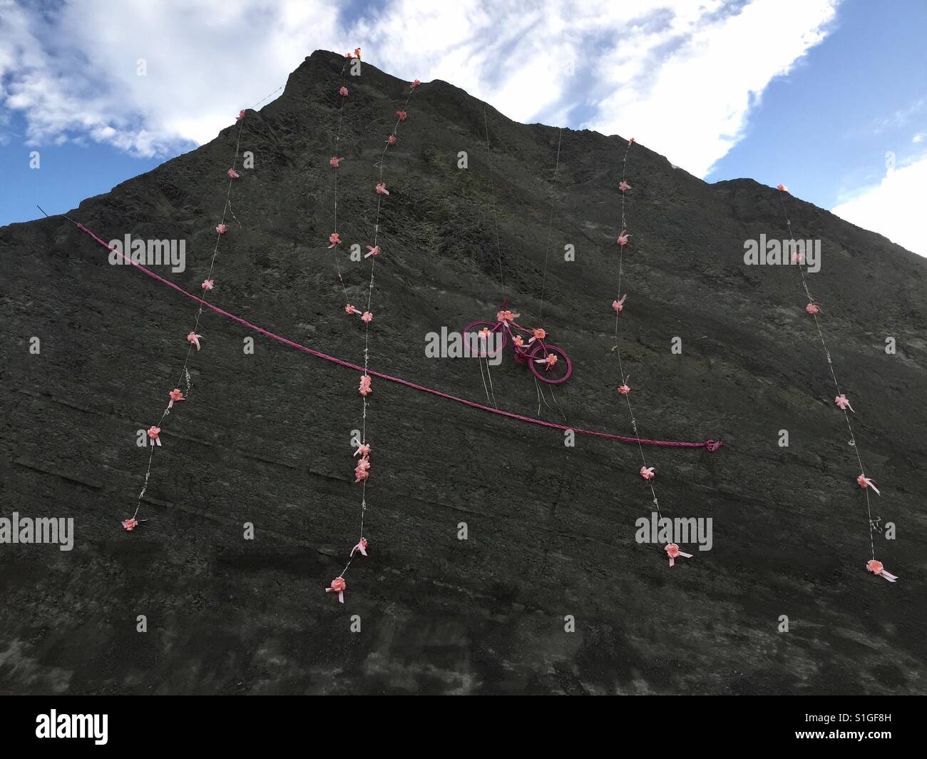 Vélo rose pendu sur un mur de roche à Verghereto (Italie) pour la plus importante course de vélo (Giro d'Italia) Banque D'Images