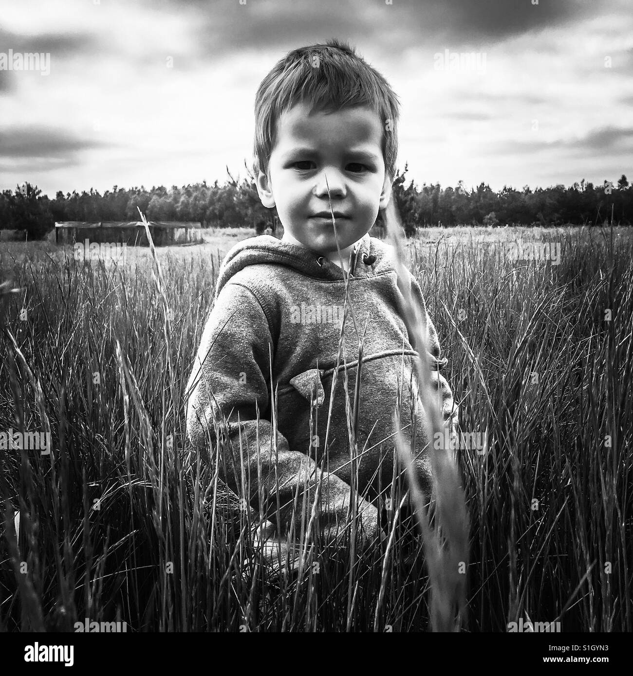 Petit garçon debout dans l'herbe à l'extérieur regardant la caméra Banque D'Images