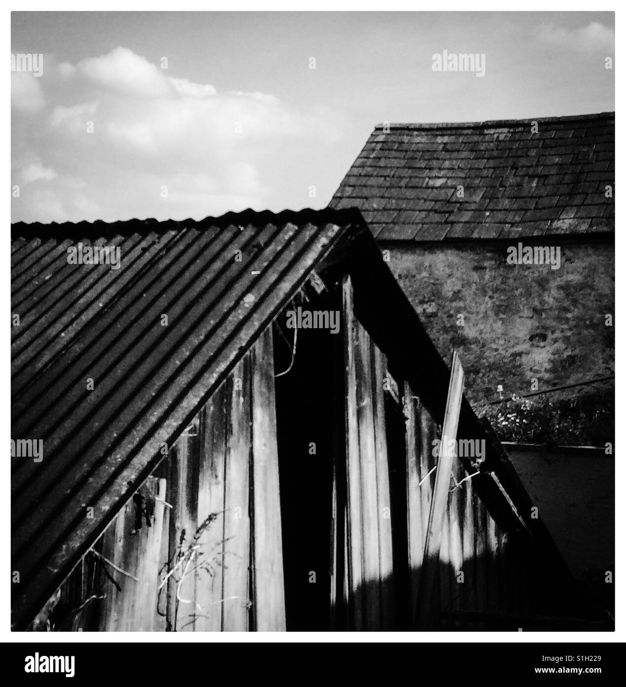 Photographie en noir et blanc de la vieille cabane en bois avec toit en tôle ondulée Banque D'Images
