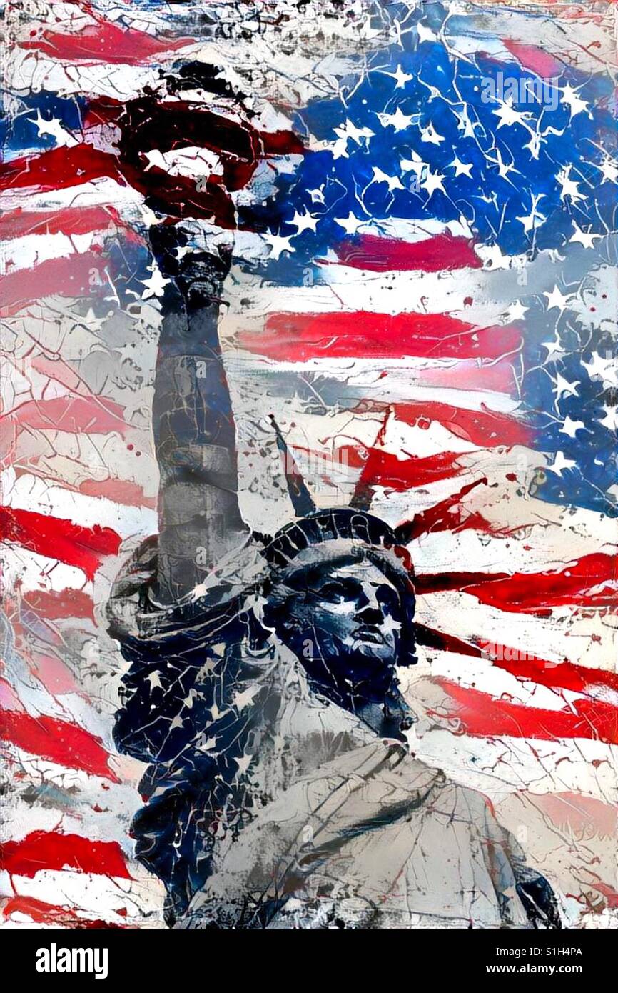 Une œuvre d'art numérique de la Statue de la liberté contre le drapeau américain en toile de fond - Image de stock capturée avec un smartphone