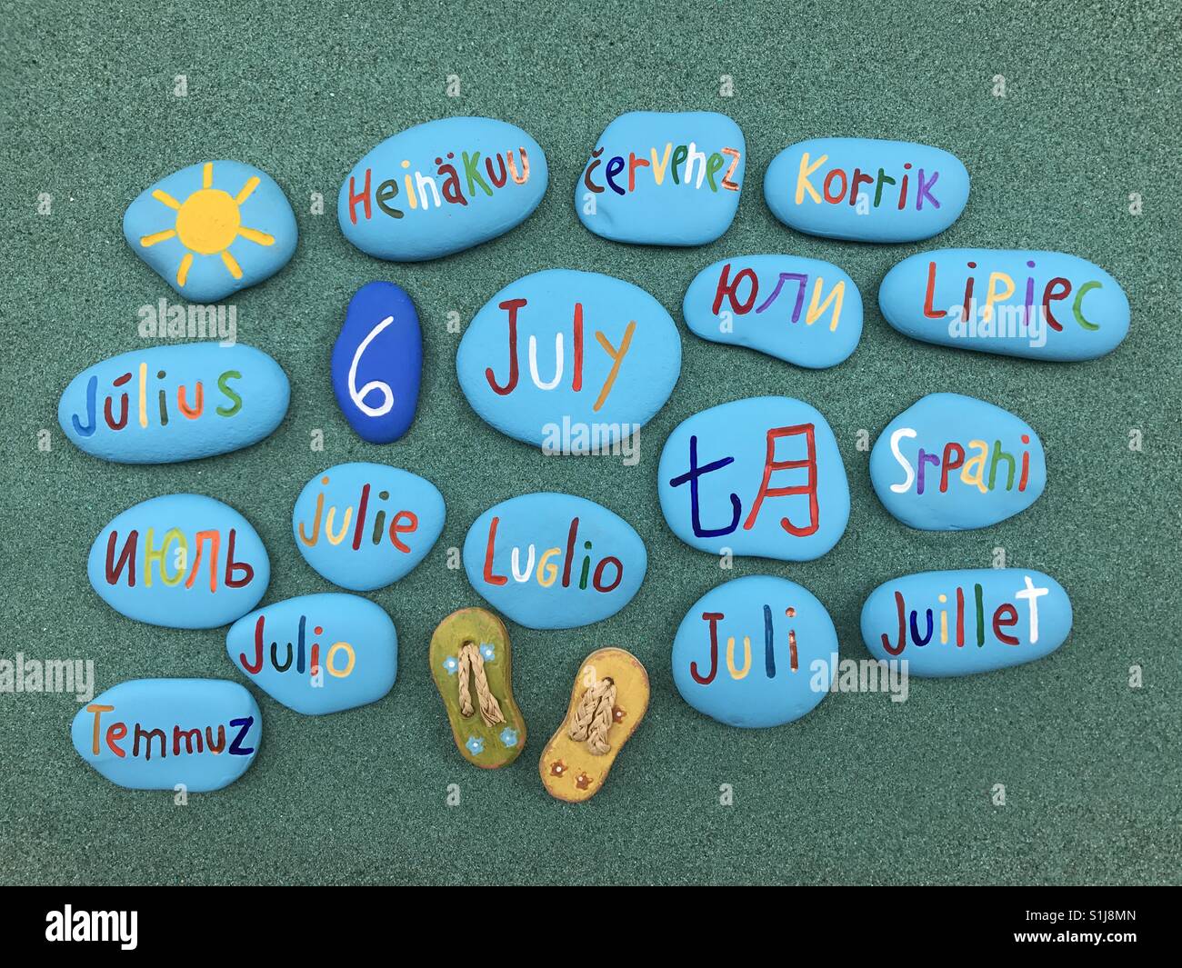 6 juillet, date du calendrier dans de nombreuses langues et de pierres - Image de stock capturée avec un smartphone