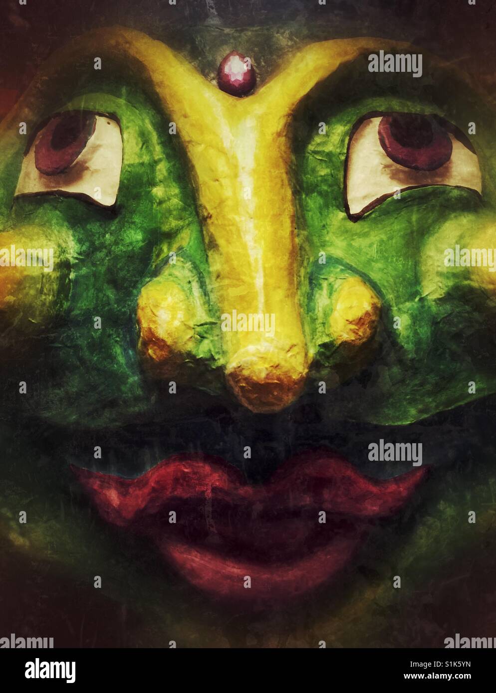 Masque en papier mache verte pour Solstice parade à Seattle Banque D'Images