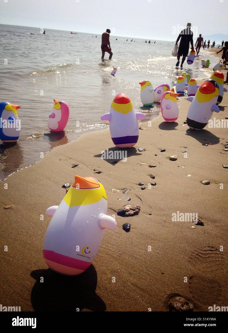 Pingouins gonflables on beach - Image de stock capturée avec un smartphone