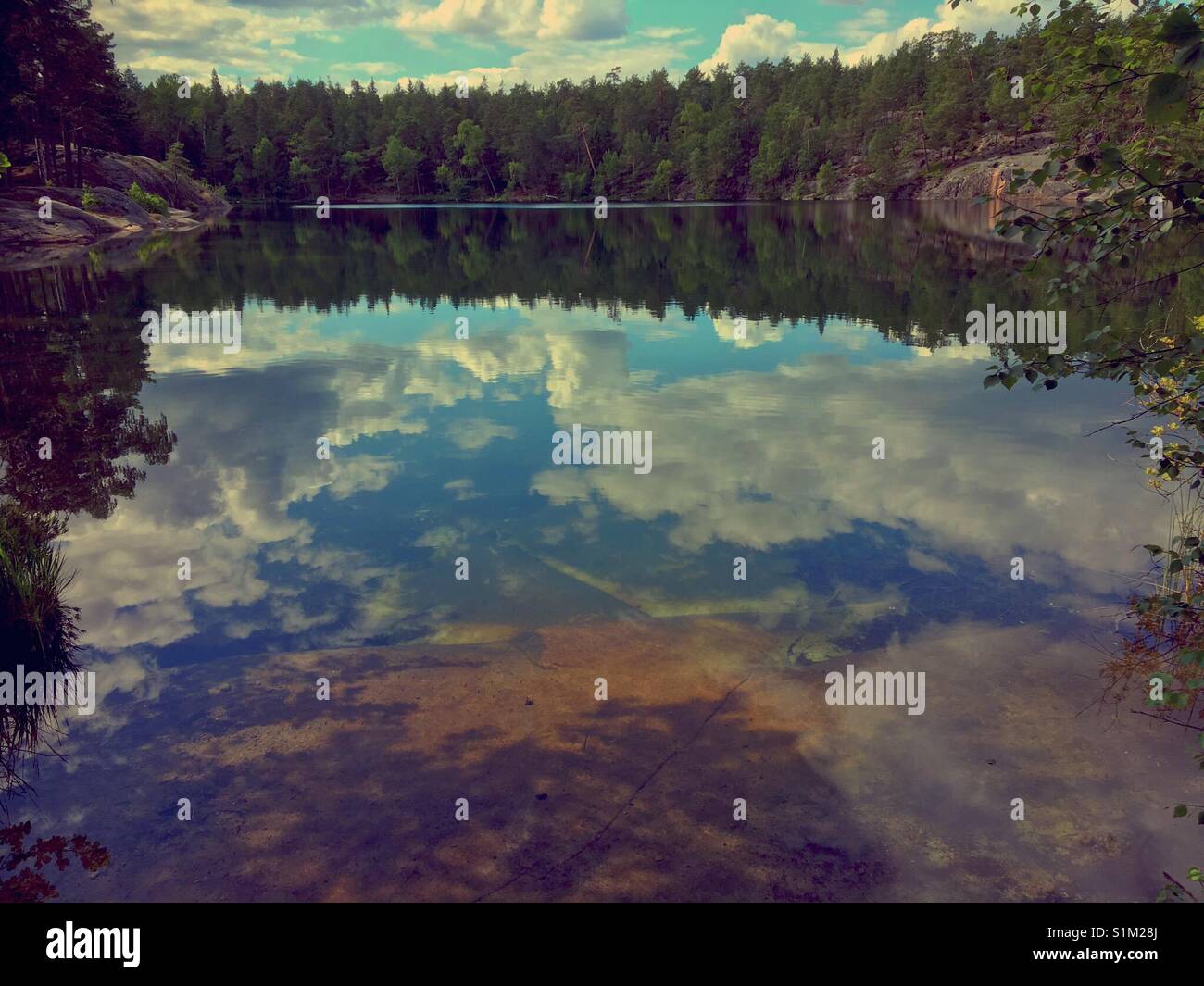 Miroir clair, comme toujours, le lac de la forêt près de Stockholm, Suède Banque D'Images