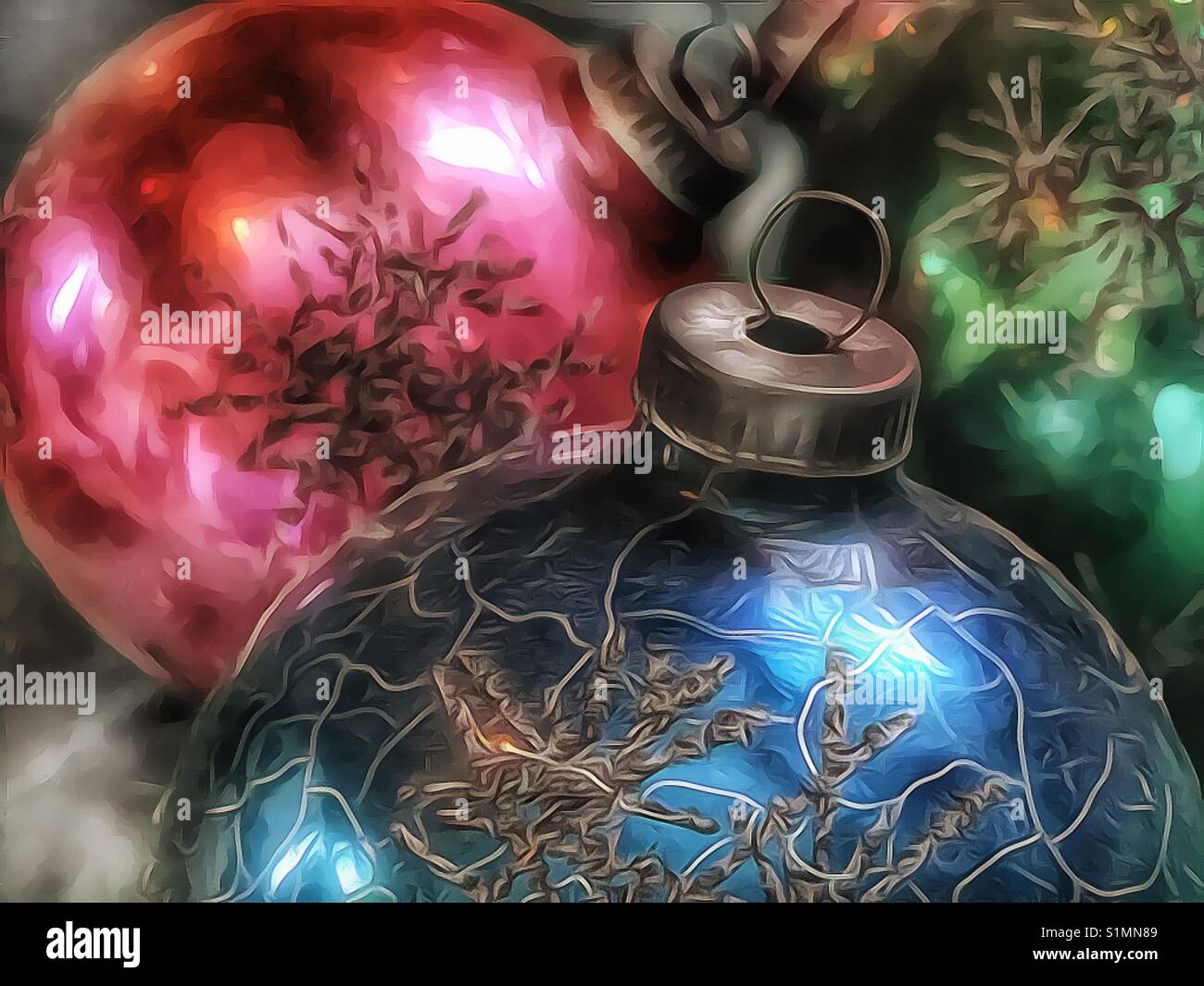Vintage rose, bleu et vert des ornements de Noël - Image de stock capturée avec un smartphone