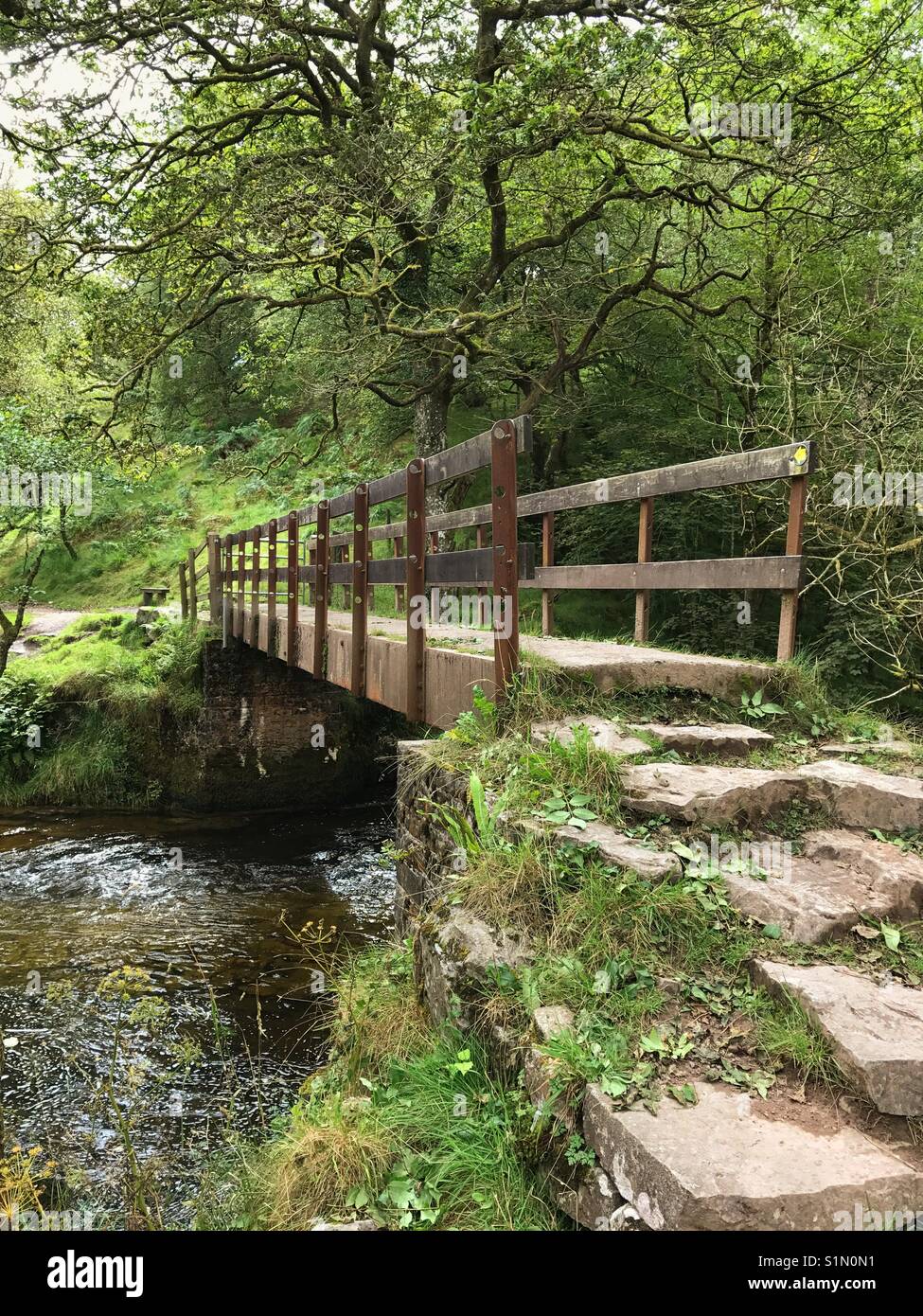Passerelle sur rivière sur les cascades à pied dans le parc national de Brecon Beacons - Image de stock capturée avec un smartphone
