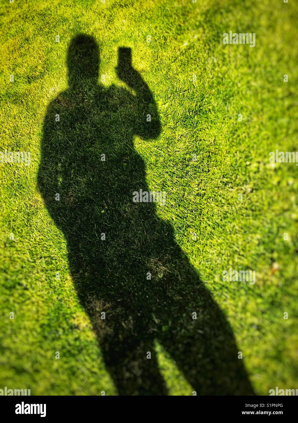 En prenant un des selfies mon ombre sur la pelouse Banque D'Images