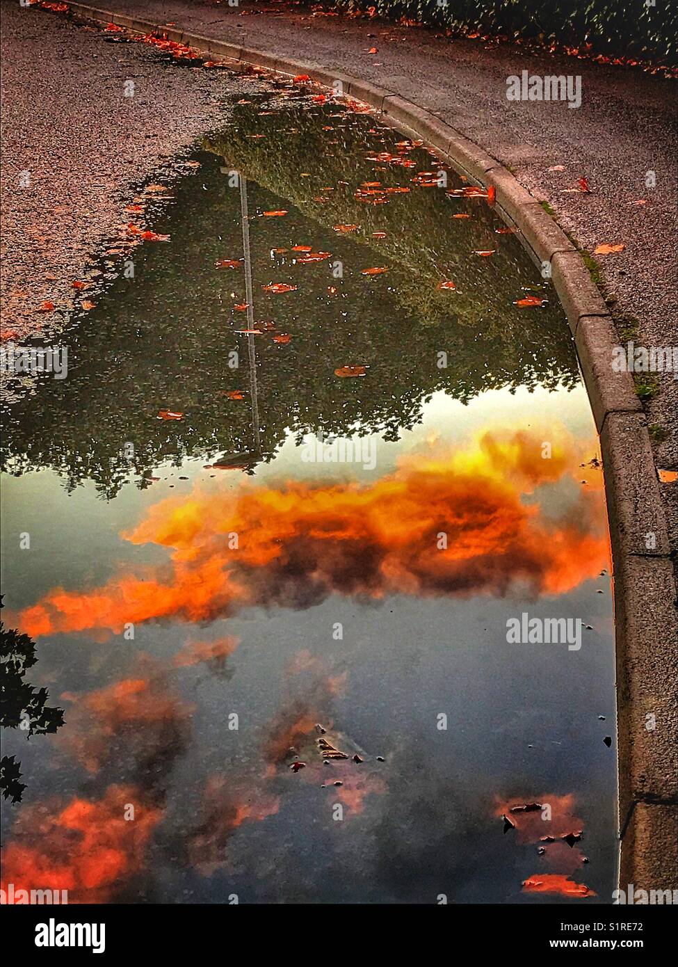 Reflet d'un nuage au coucher du soleil dans une flaque au bord de la route Banque D'Images