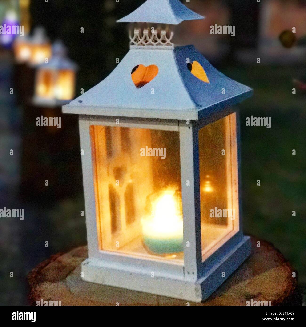 La lumière d'une bougie à l'intérieur d'une lanterne dans un jardin à l'extérieur à l'heure bleue Banque D'Images