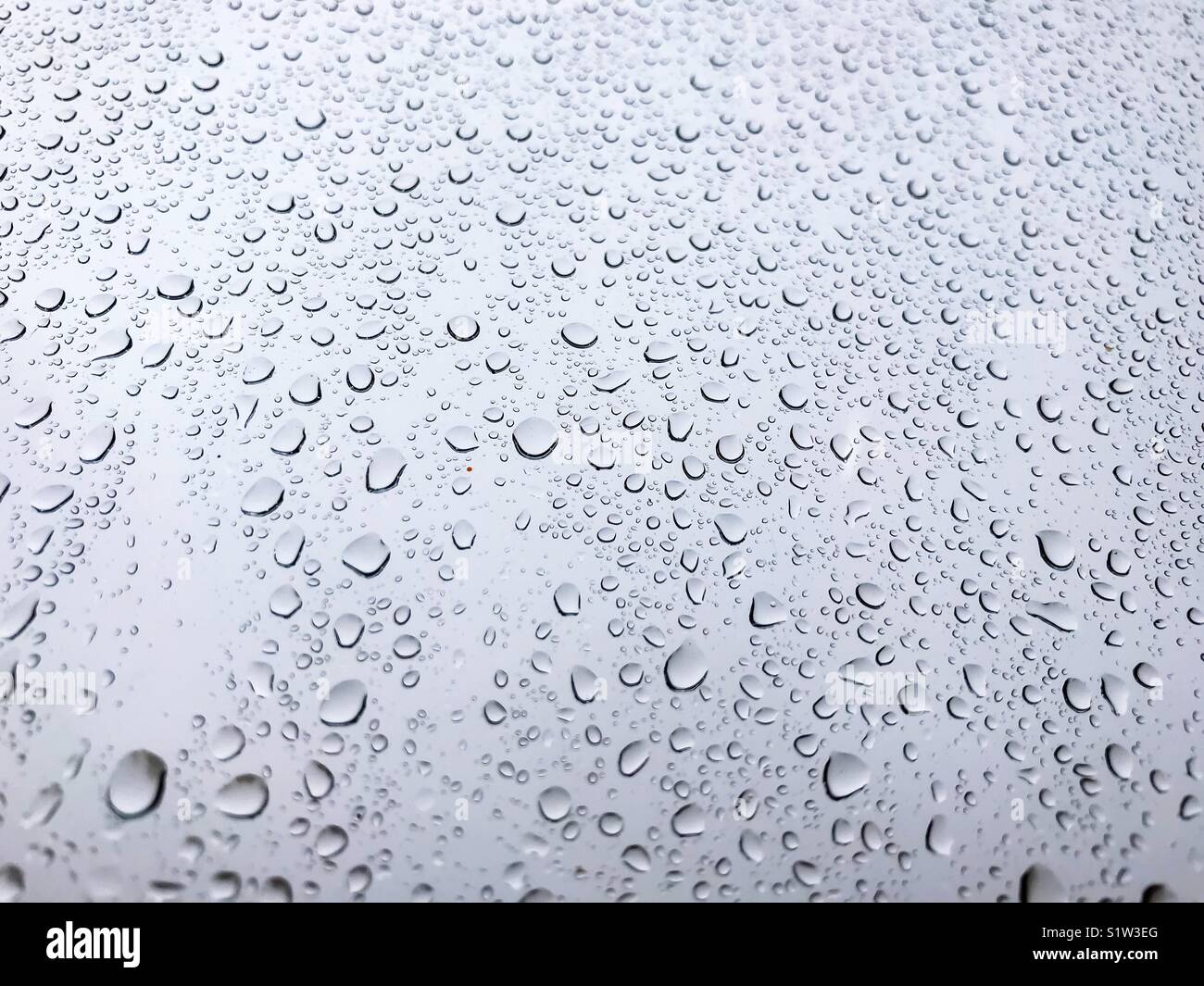 Gouttes de pluie sur une vitre contre un ciel gris Banque D'Images