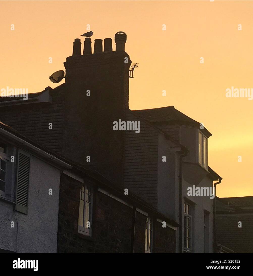 St Ives, Cornwall : Bâtiments et cheminées baigné de lumière orange au coucher du soleil Banque D'Images