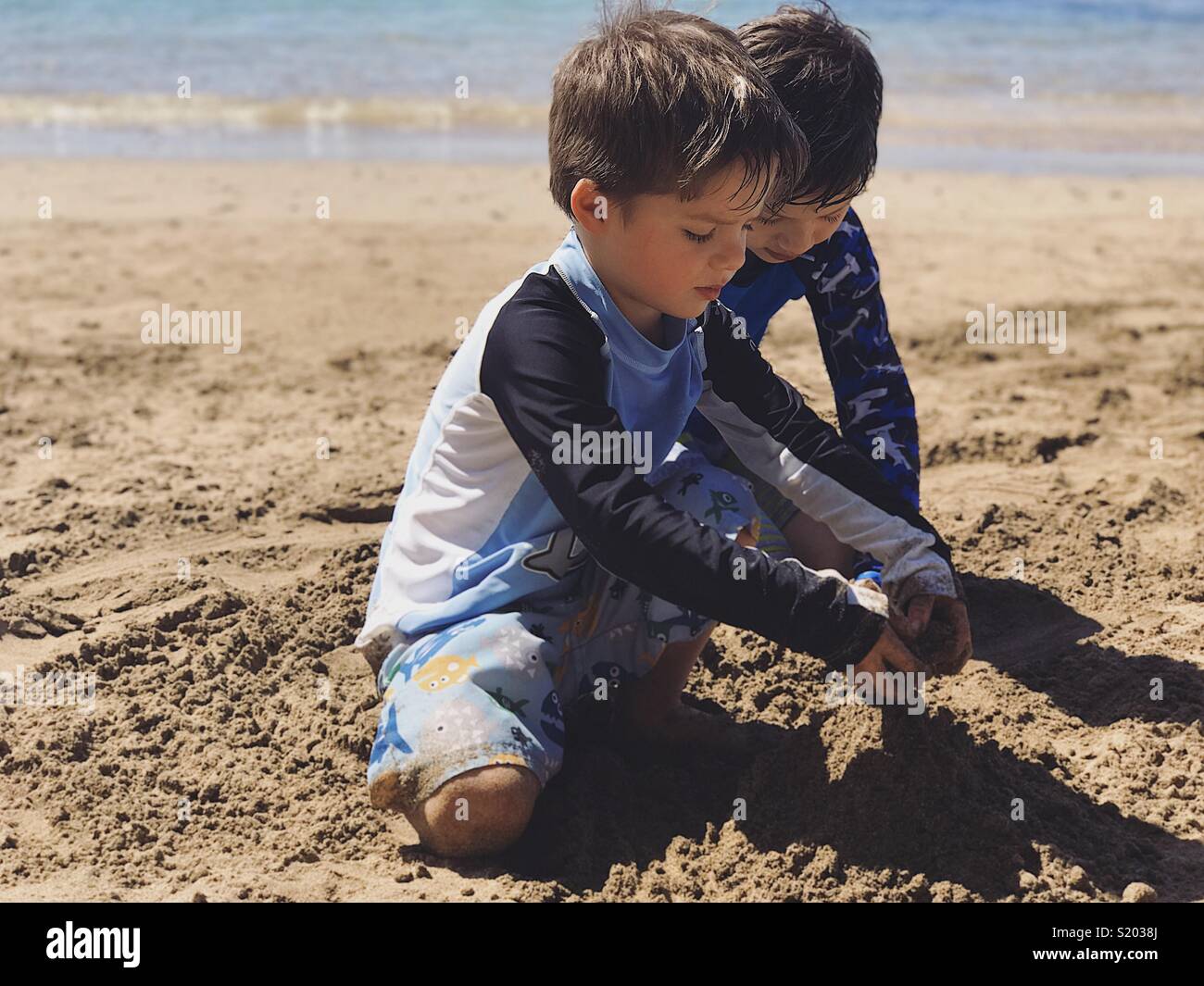 Brothers playing in sand on beach Banque D'Images