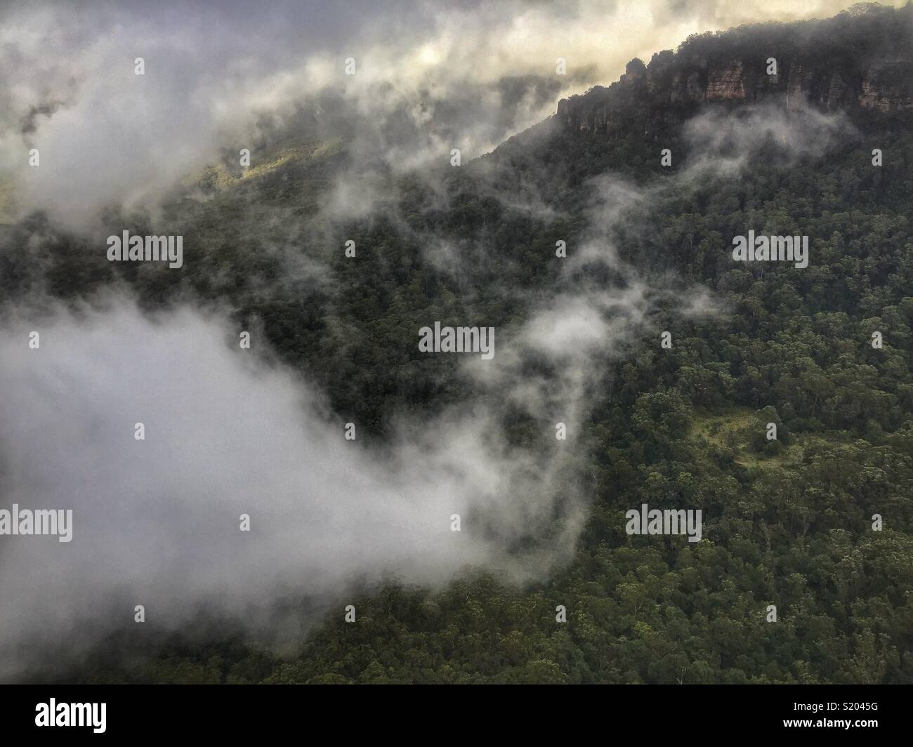 Tourbillons de nuages bas dans la vallée Jamison ci-dessous les falaises de grès de l'Elysian Rock Lookout aux trois Sœurs, Parc National de Blue Mountains, NSW, Australie - Image de stock capturée avec un smartphone