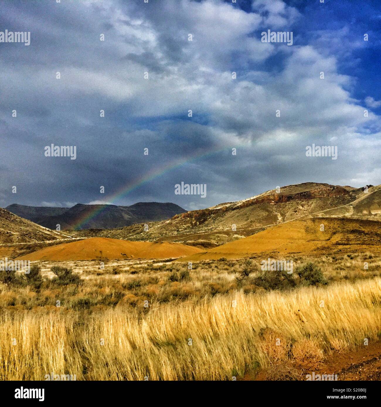 Contre arc-en-ciel orageux au-dessus de collines peintes, partie de John Day Fossil jumeaux Monument National en Oregon WA - Image de stock capturée avec un smartphone