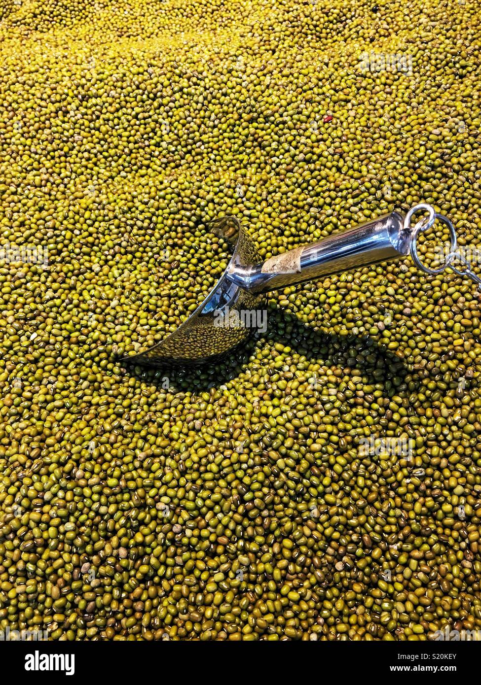 Les lentilles vertes vendues en grande servi sacs dans les supermarchés de Wuhan, Hubei Province, China. Banque D'Images