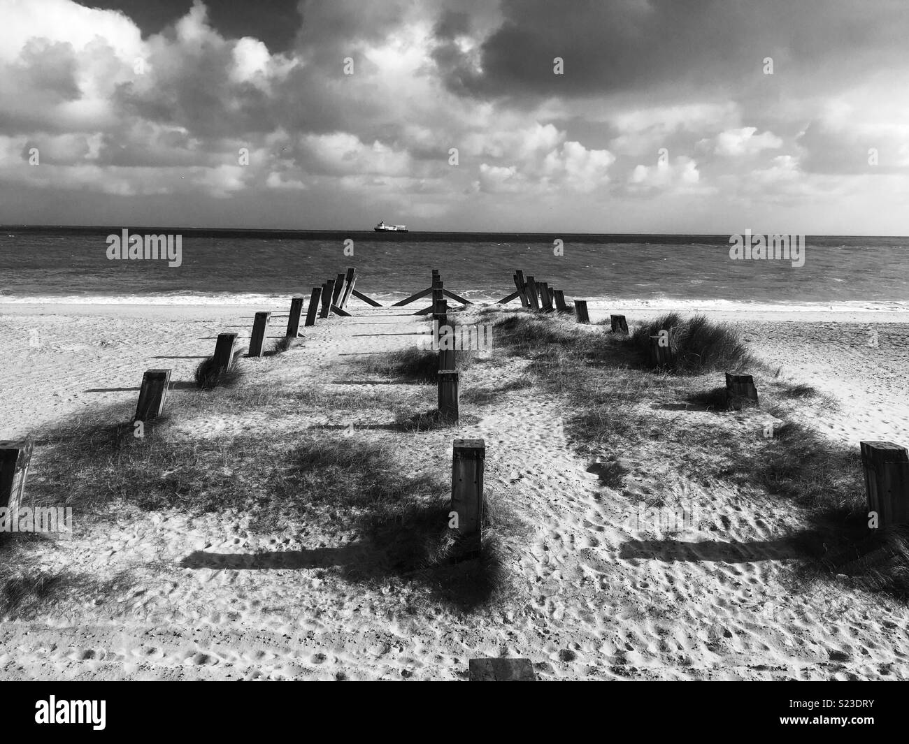 Photo en noir et blanc de la plage et de la jetée de jambes de Great Yarmouth, Norfolk, Angleterre - Image de stock capturée avec un smartphone