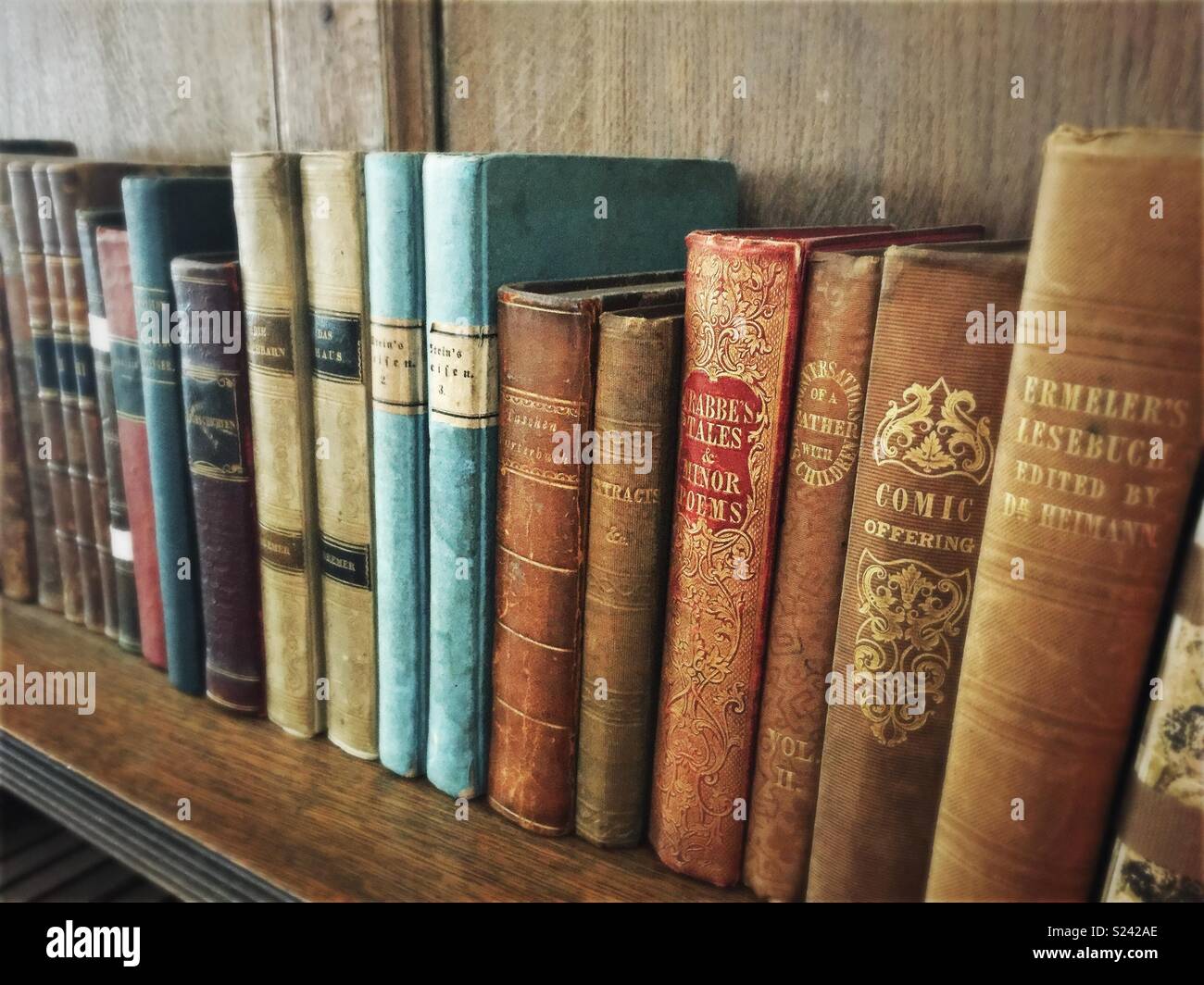 Vintage Books sur étagère dans ancienne bibliothèque. Banque D'Images