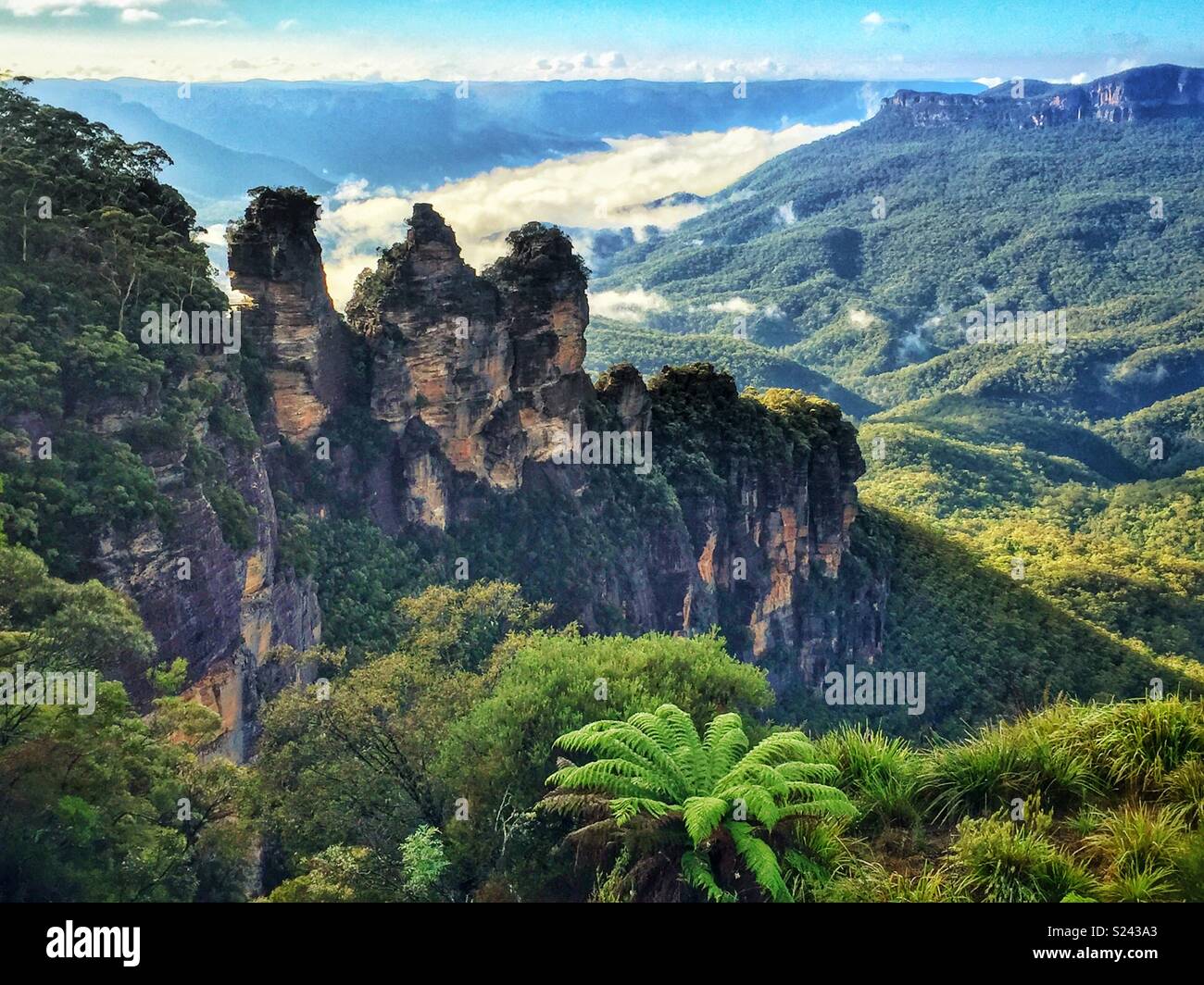 Les trois Sœurs, vallée Jamison et monter l'écho de Point Lookout, Parc National de Blue Mountains, Katoomba, NSW, Australie Banque D'Images