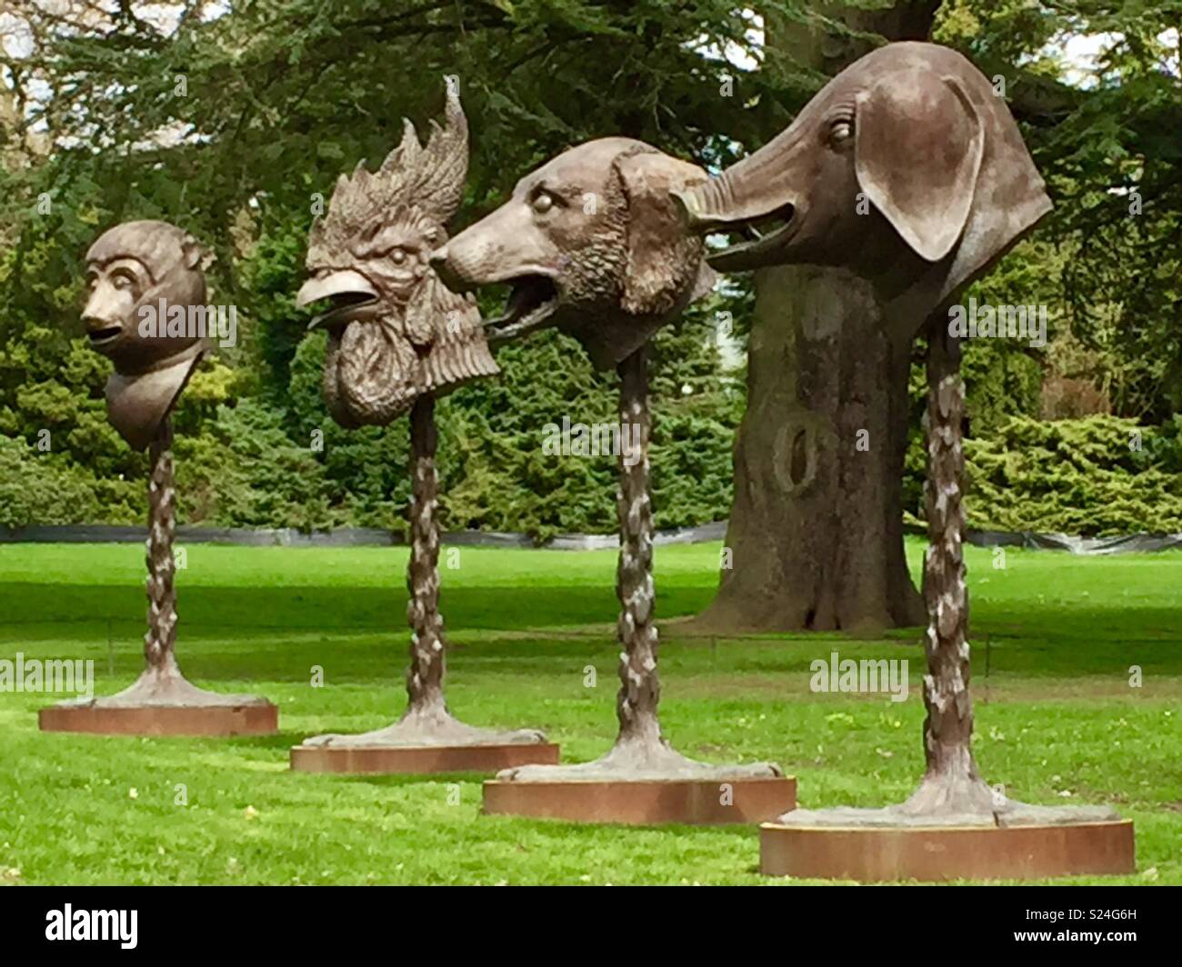 Ai Weiwei's artwork Cercle des animaux/chefs de zodiaque en bronze inspirée par une fontaine au Palais d'été à Beijing. Yorkshire Sculpture Park, Wakefield, Royaume-Uni. Ensemble contre l'herbe et d'arbres Banque D'Images