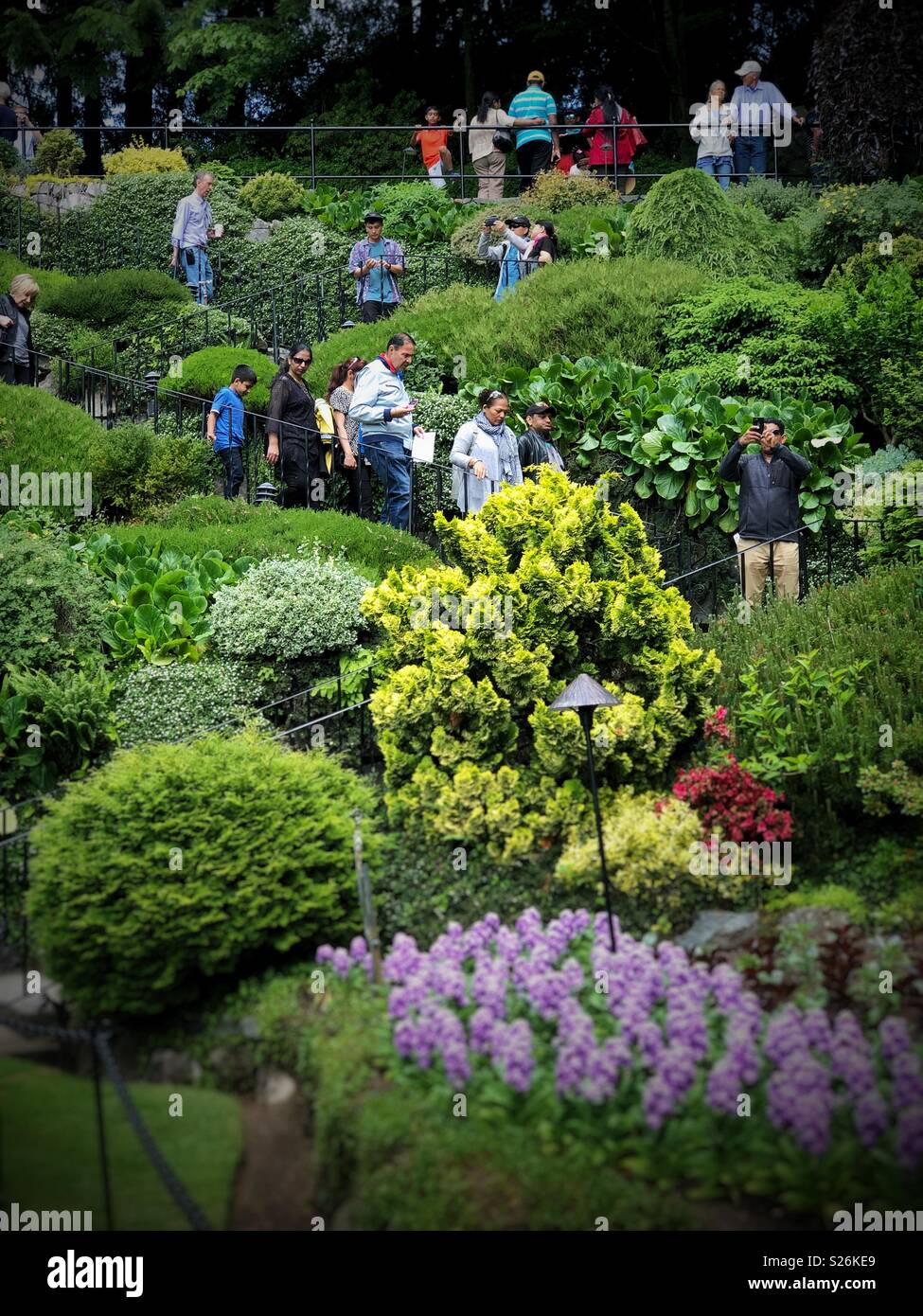 Les touristes à pied vers le bas dans un écrin de verdure à Butchart Gardens à Victoria, BC Banque D'Images