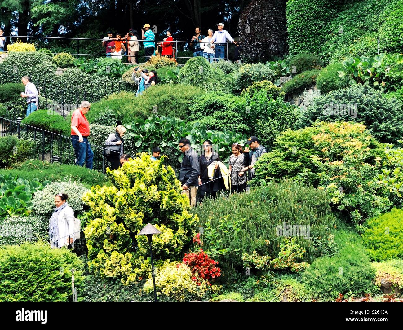 Les touristes en descendant les escaliers en zigzag dans un écrin de verdure à Butchart Gardens à Victoria, BC Banque D'Images