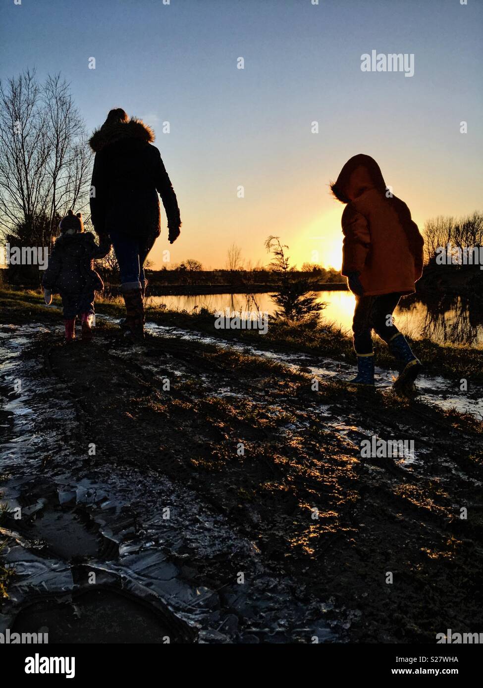 Une balade hivernale avec coucher de soleil en arrière-plan - Image de stock capturée avec un smartphone