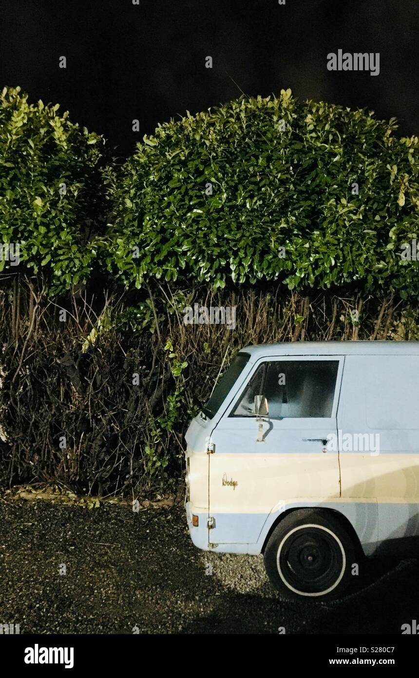 Dodge van garé en face d'une haute haie de nuit - Image de stock capturée avec un smartphone