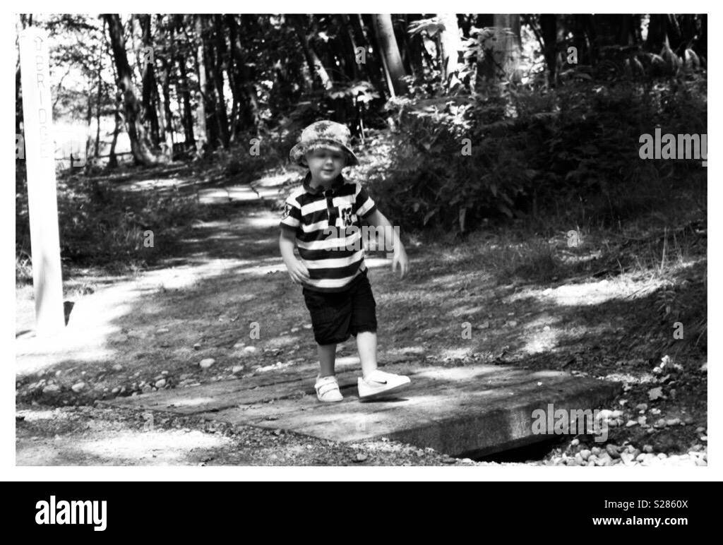 Little Boy walking in woods Banque D'Images