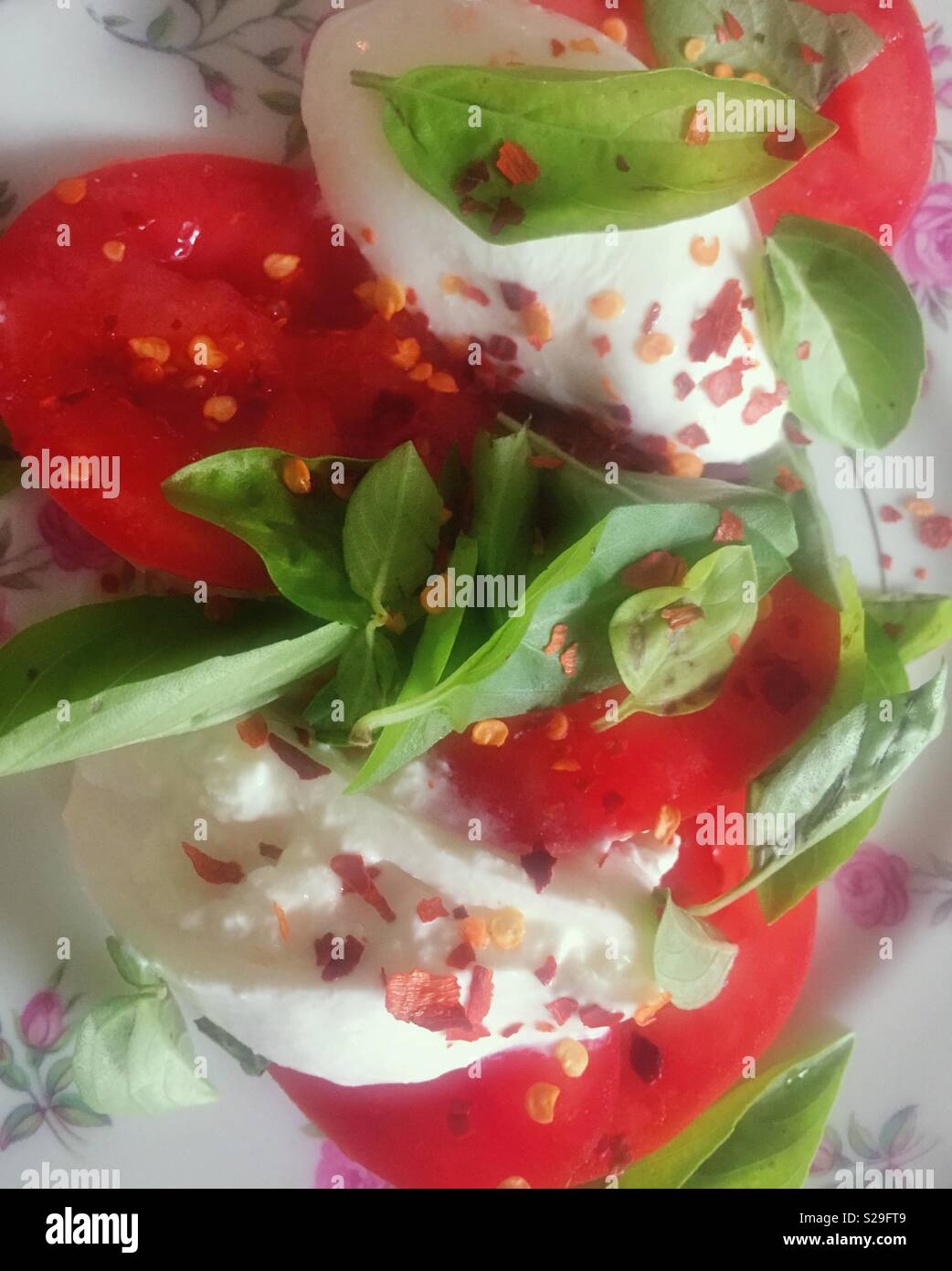 Still Life de tomate et basilic frais salade de fromage buratta - Image de stock capturée avec un smartphone