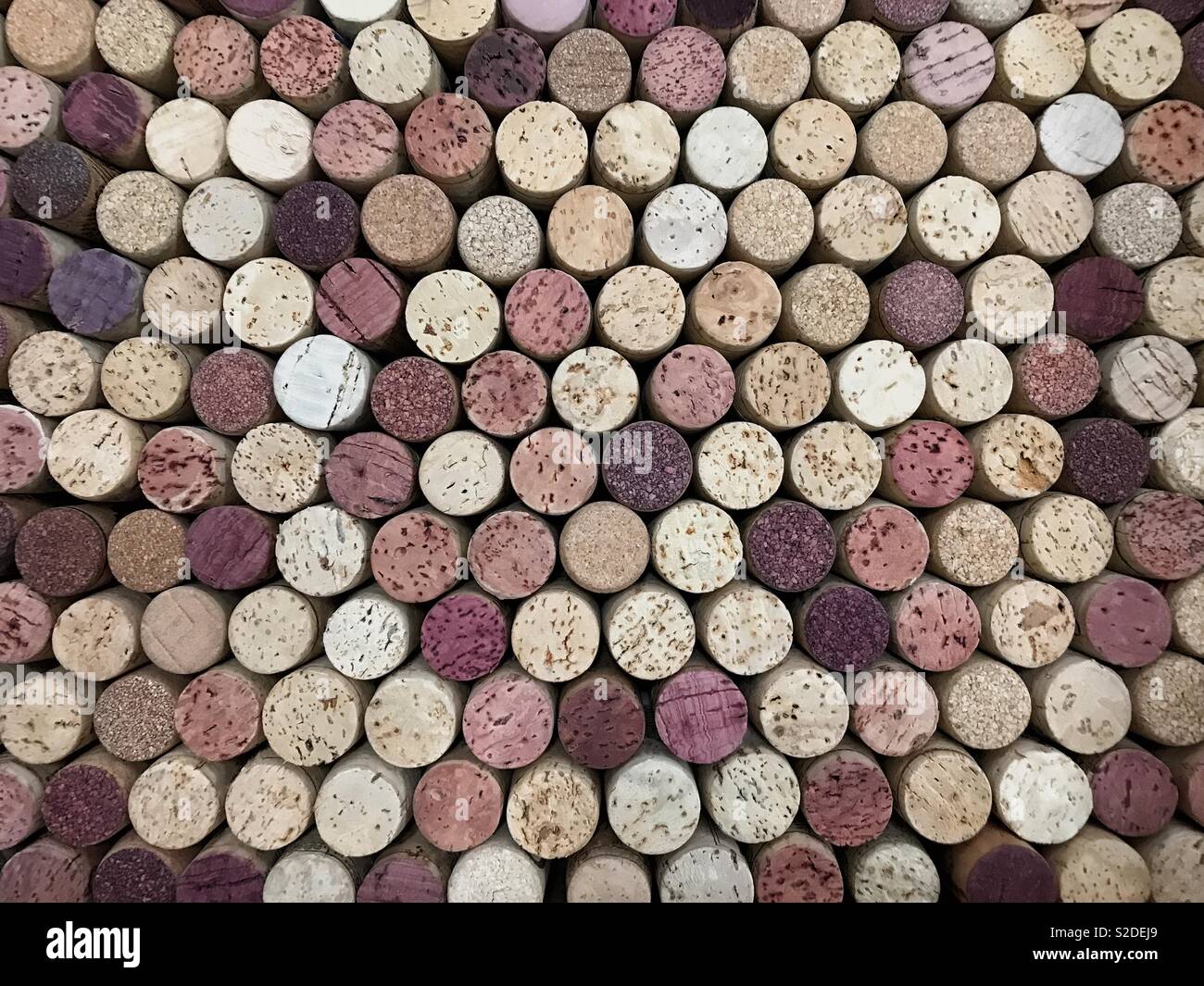 Une grande collection de bouchons en liège naturel, tachée par les différents tons et les types de vin, sont affichés dans un affichage empilé. Banque D'Images