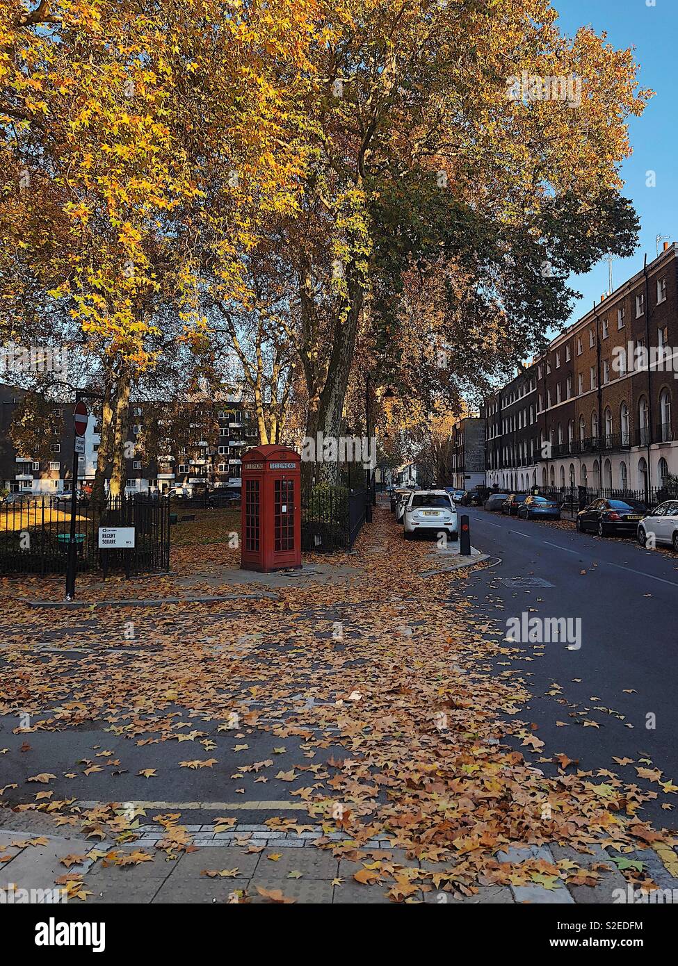 La scène de rue d'automne avec téléphone rouge fort, un tapis d'auburn, d'orange et de feuilles dorées, un parc de loisirs et d'une rangée de logements. Les voitures en stationnement de la route Banque D'Images