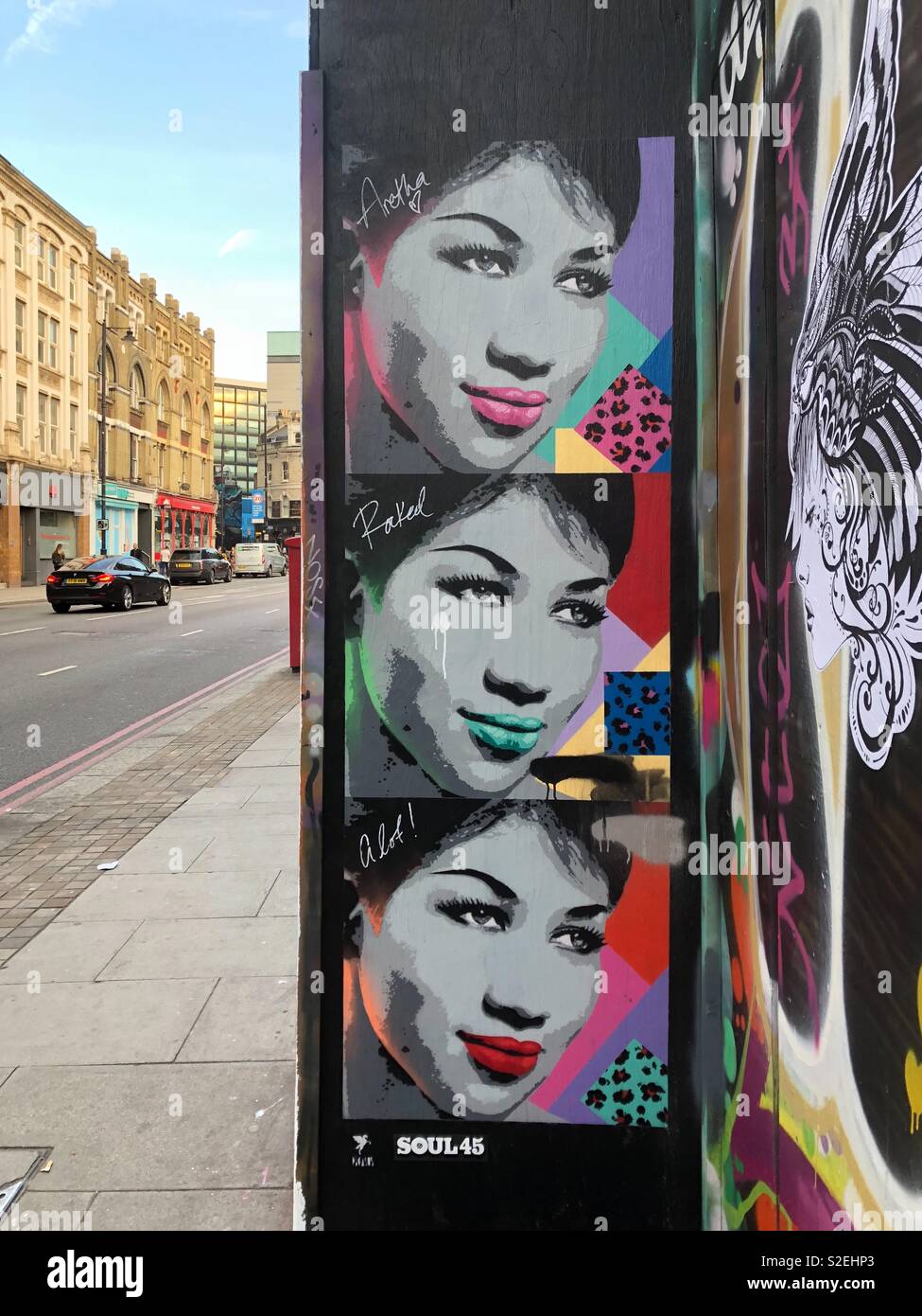 Aretha Franklin icône style pop art graffiti dans hoxton, Londres, Angleterre. Banque D'Images