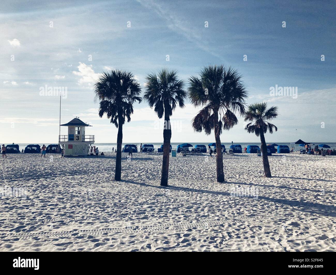 Lifeguard station, palmiers et des cabanas sur le sable blanc de la plage de Clearwater en Floride Banque D'Images