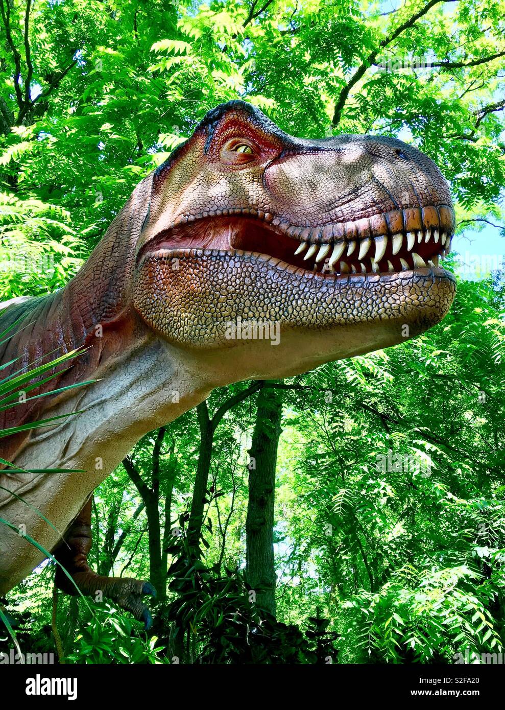Tyrannosaurus rex robotique smiling in foliage Banque D'Images