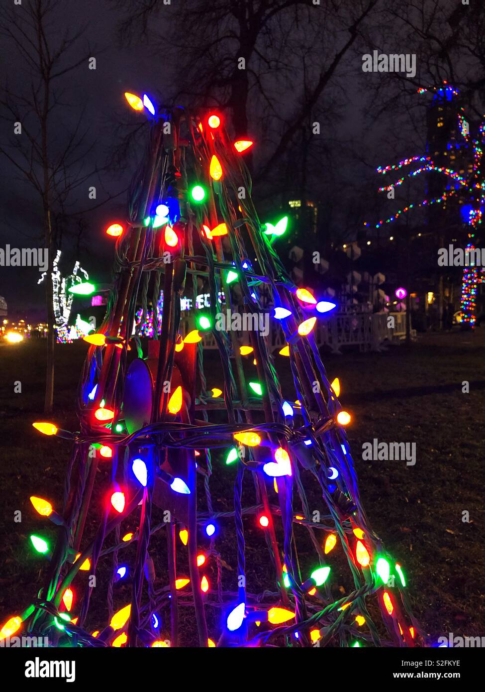 Tis la saison les lumières de Noël forment un arbre. Banque D'Images