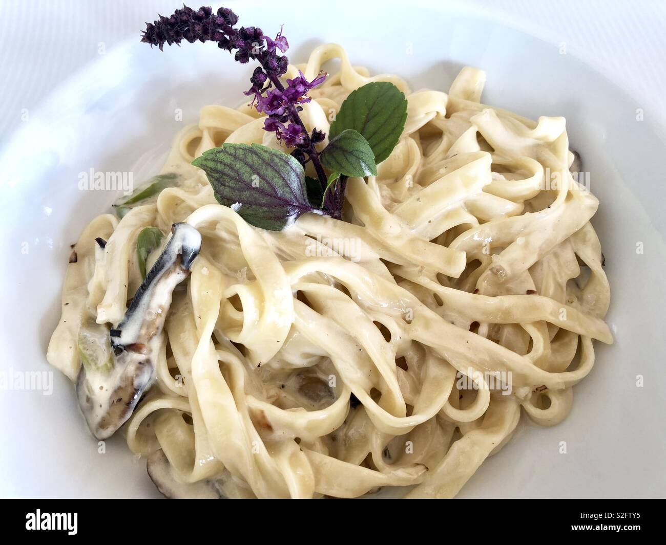 Pâtes crémeuse aux champignons et asperges - Image de stock capturée avec un smartphone