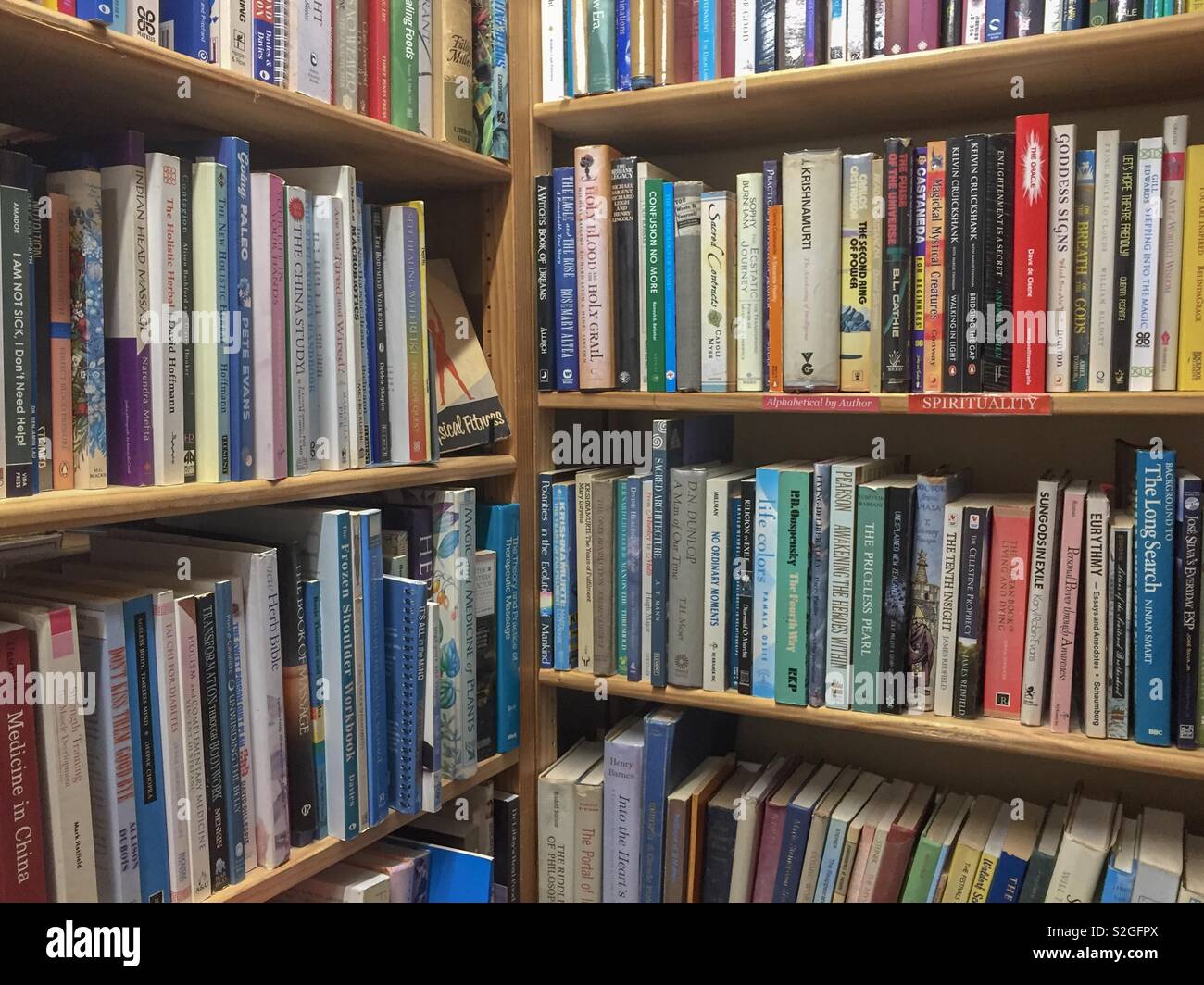 Corner étagères en bois rempli d'une variété de livres Banque D'Images