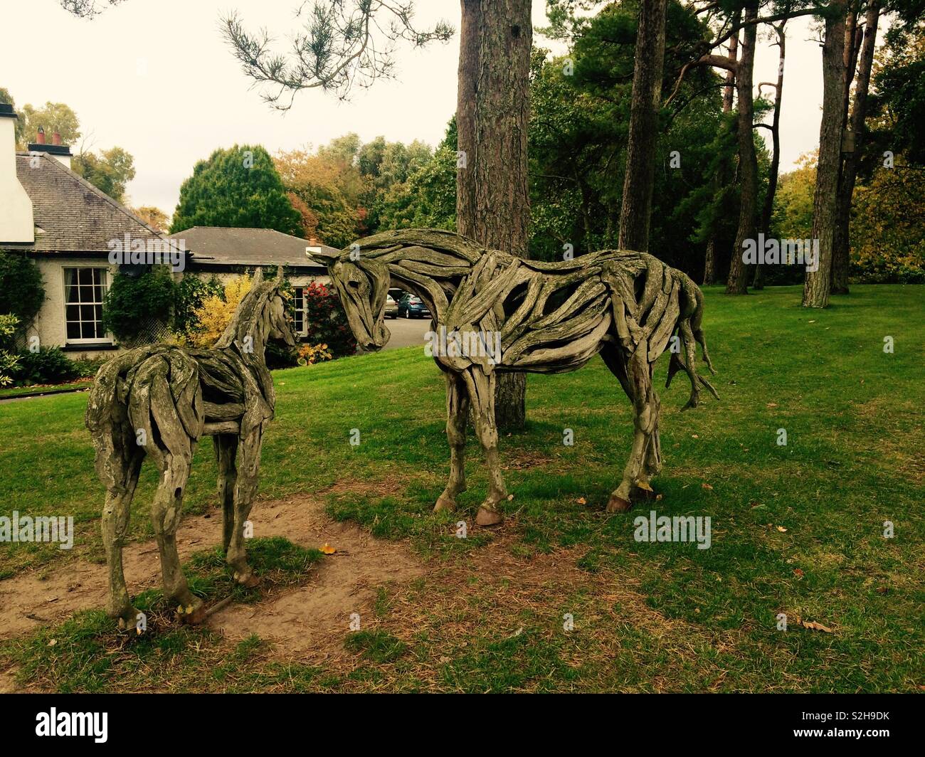 Chevaux de bois sculpture dans les jardins de l'Irish National Stud en France - Image de stock capturée avec un smartphone