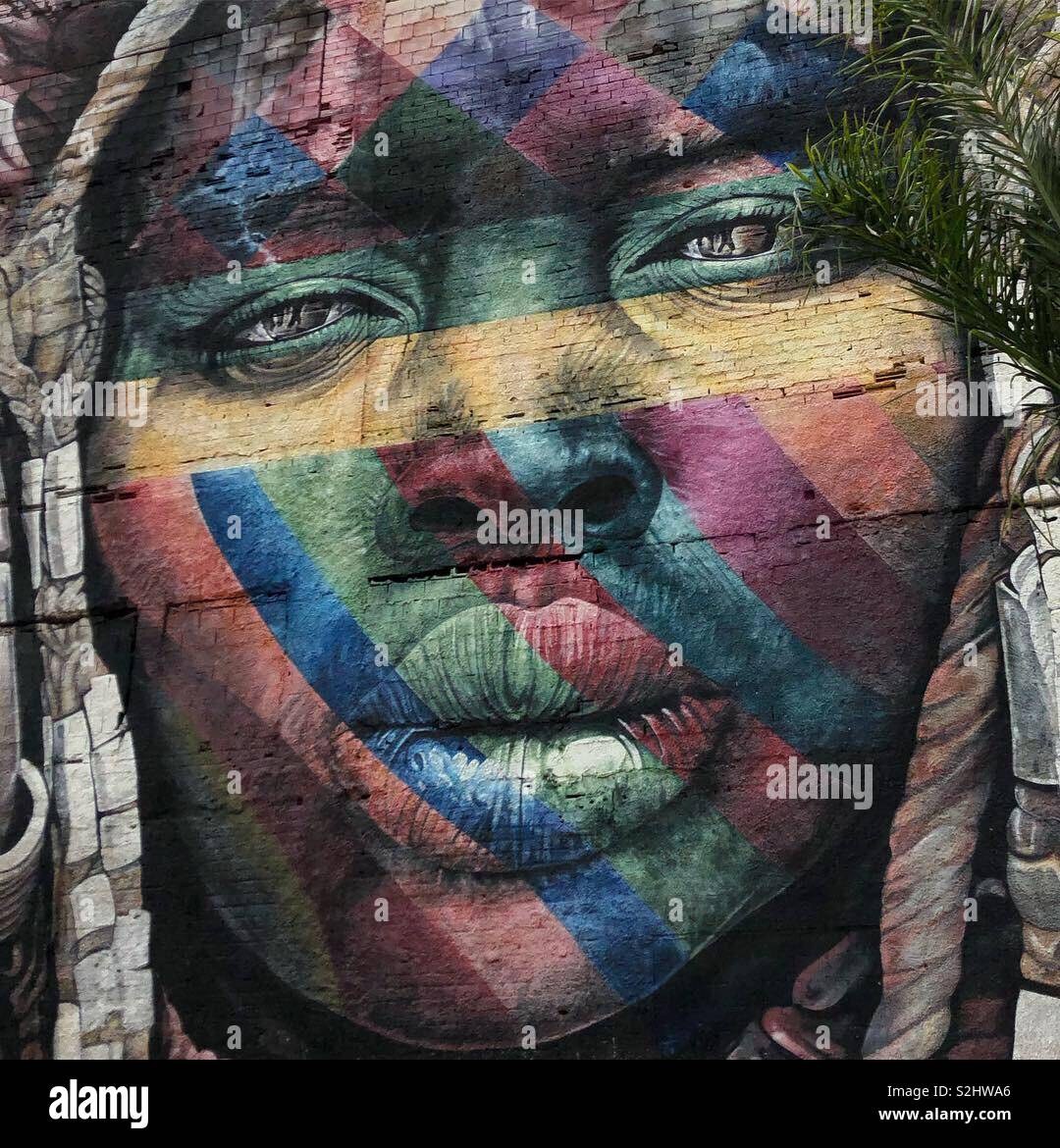 Plus grand que l'art de rue d'un visage indigènes multicolores à Rio de Janeiro, Brésil, peint par le Brésilien Eduardo Kobra. Elle fait partie d'une série appelée Etnias. - Image de stock capturée avec un smartphone