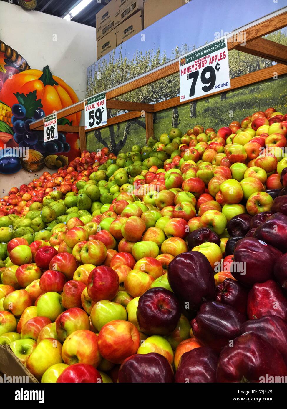 Section de pomme fraîche au vendeur de produits locaux qui s'affiche en rouge et jaune Honey Crisp, vert, Granny Smith et Red Delicious. - Image de stock capturée avec un smartphone