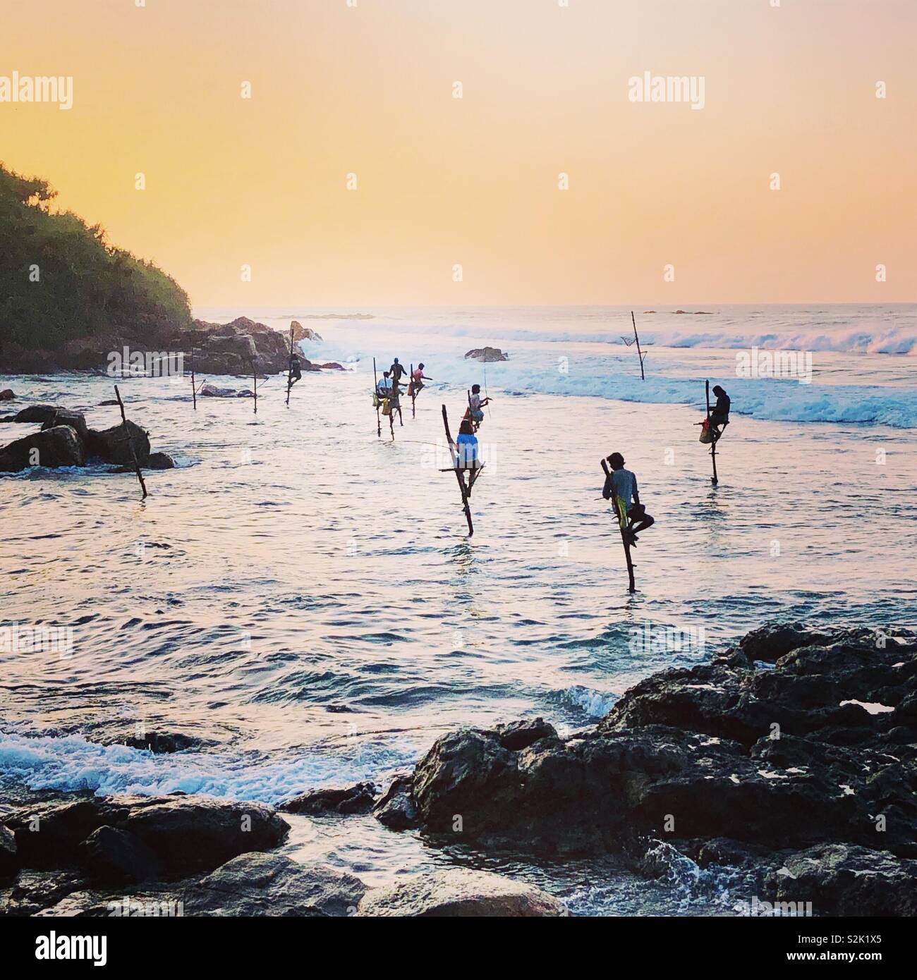Pêcheurs sur pilotis à l'aube, Gurubebila Beach, Welligama, Sri Lanka Banque D'Images