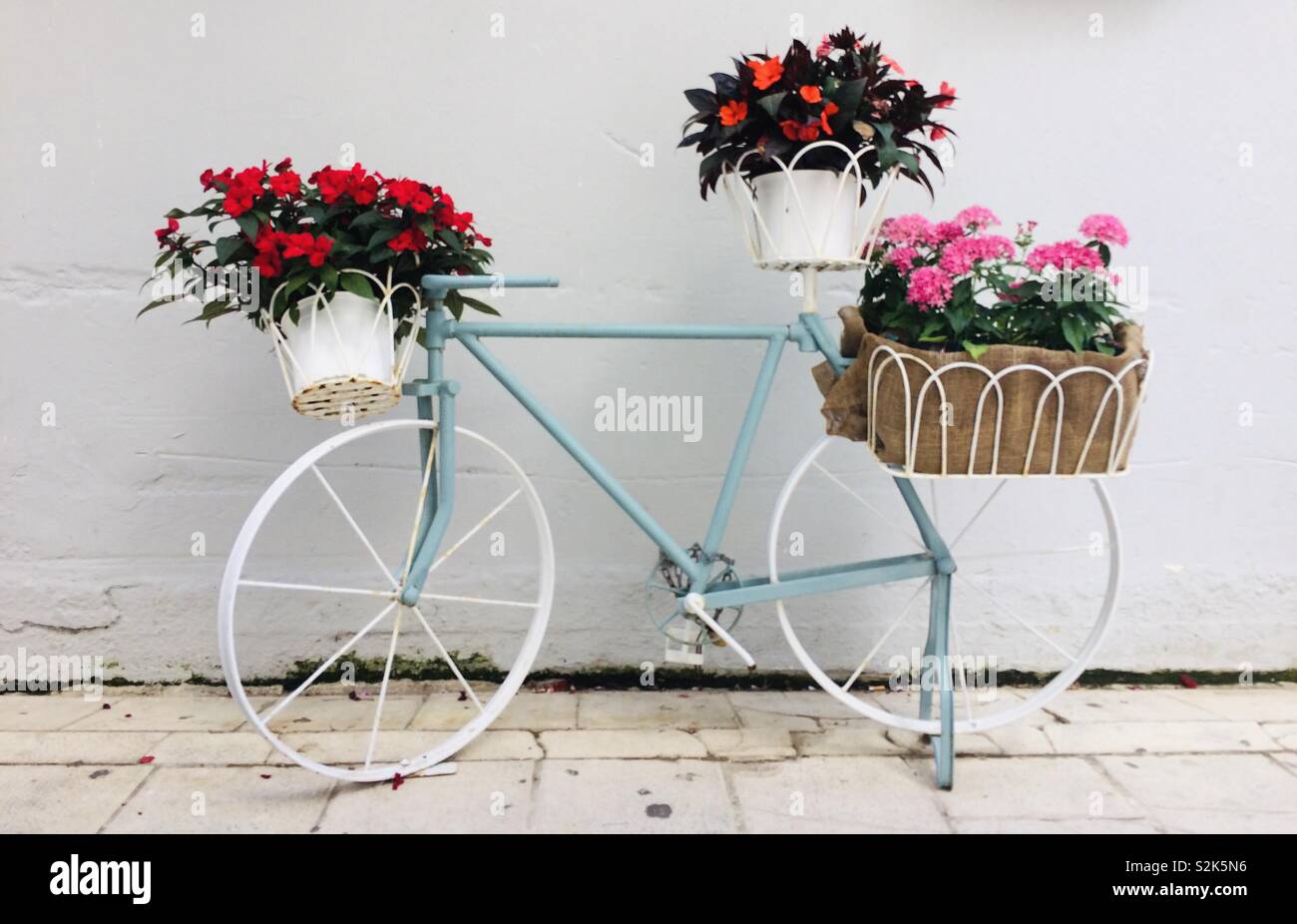 Vélo de décoration avec fleurs en pot Banque D'Images