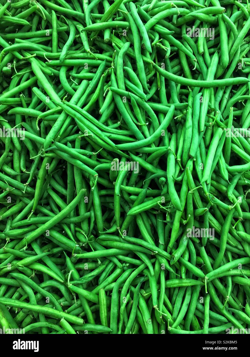 Image complète de produits frais délicieux haricots verts mûrs empilés et exposé au vendeur de produits locaux. Banque D'Images