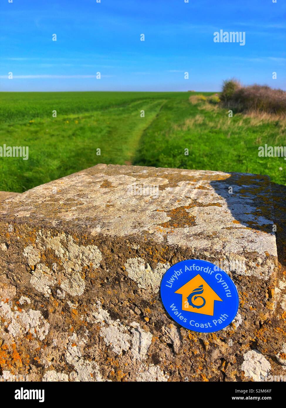 Wales coast path signe sur un mur le long de la côte du Glamorgan, Pays de Galles du Sud. Banque D'Images
