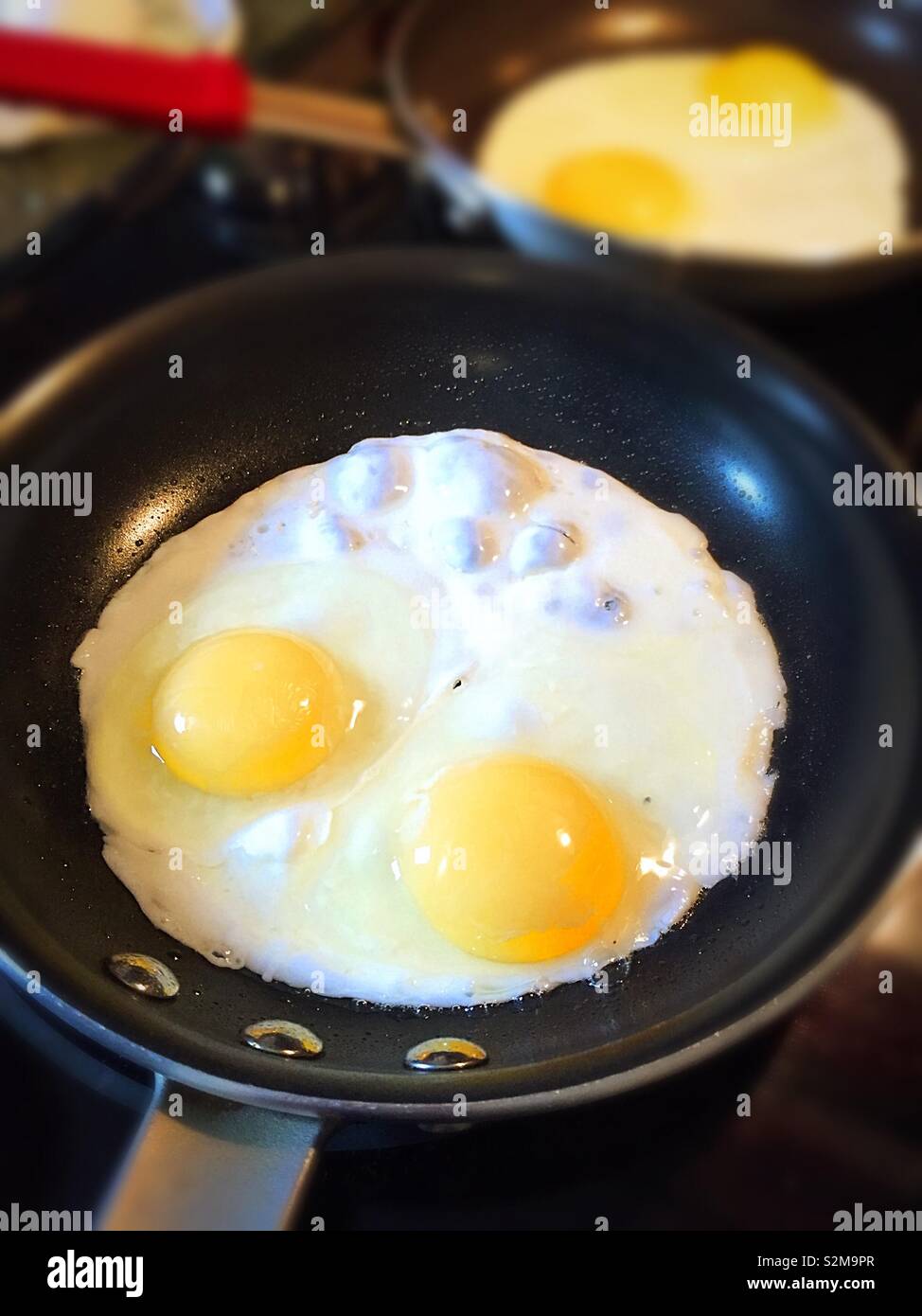 Deux œufs à la poêle dans sa cuisinière poêle, USA Banque D'Images